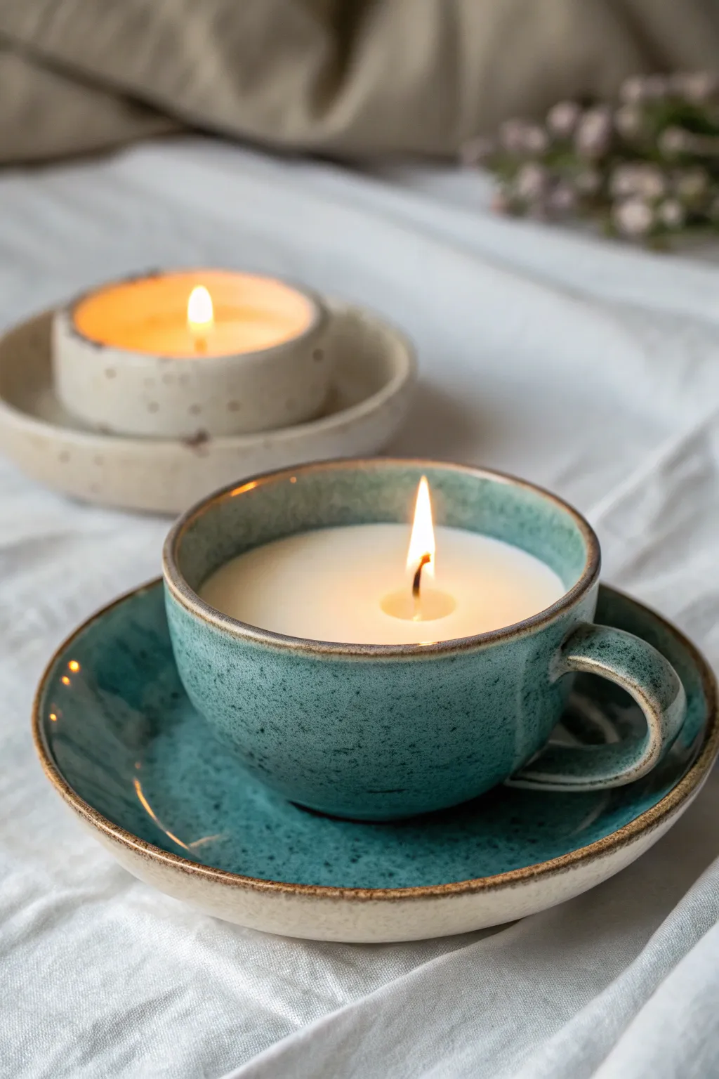Cozy teacup candle with a soft evening glow, minimalist Scandinavian style with a boho touch