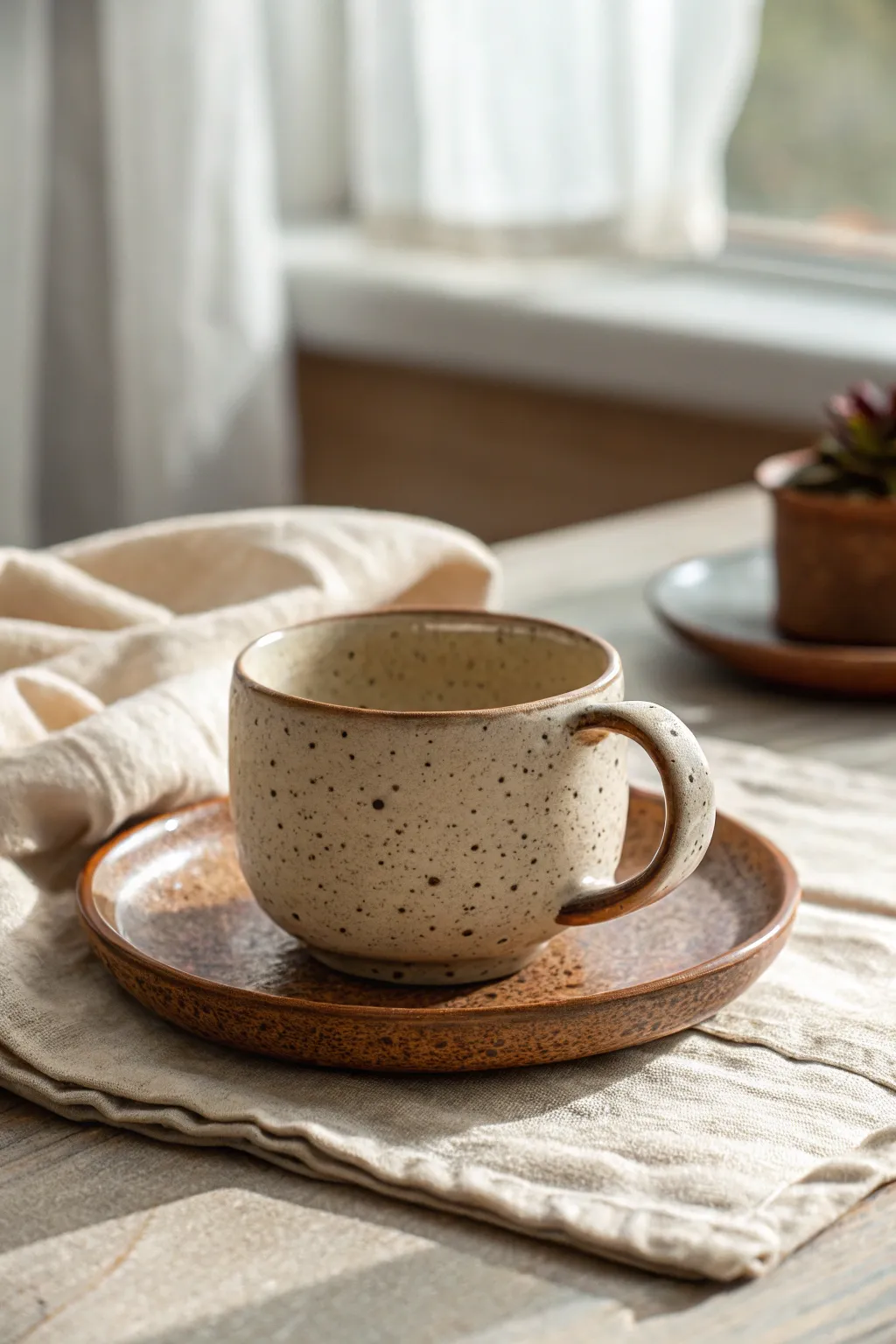 Speckled stoneware tea cup with a satin glaze, cozy everyday shape in warm minimalist style