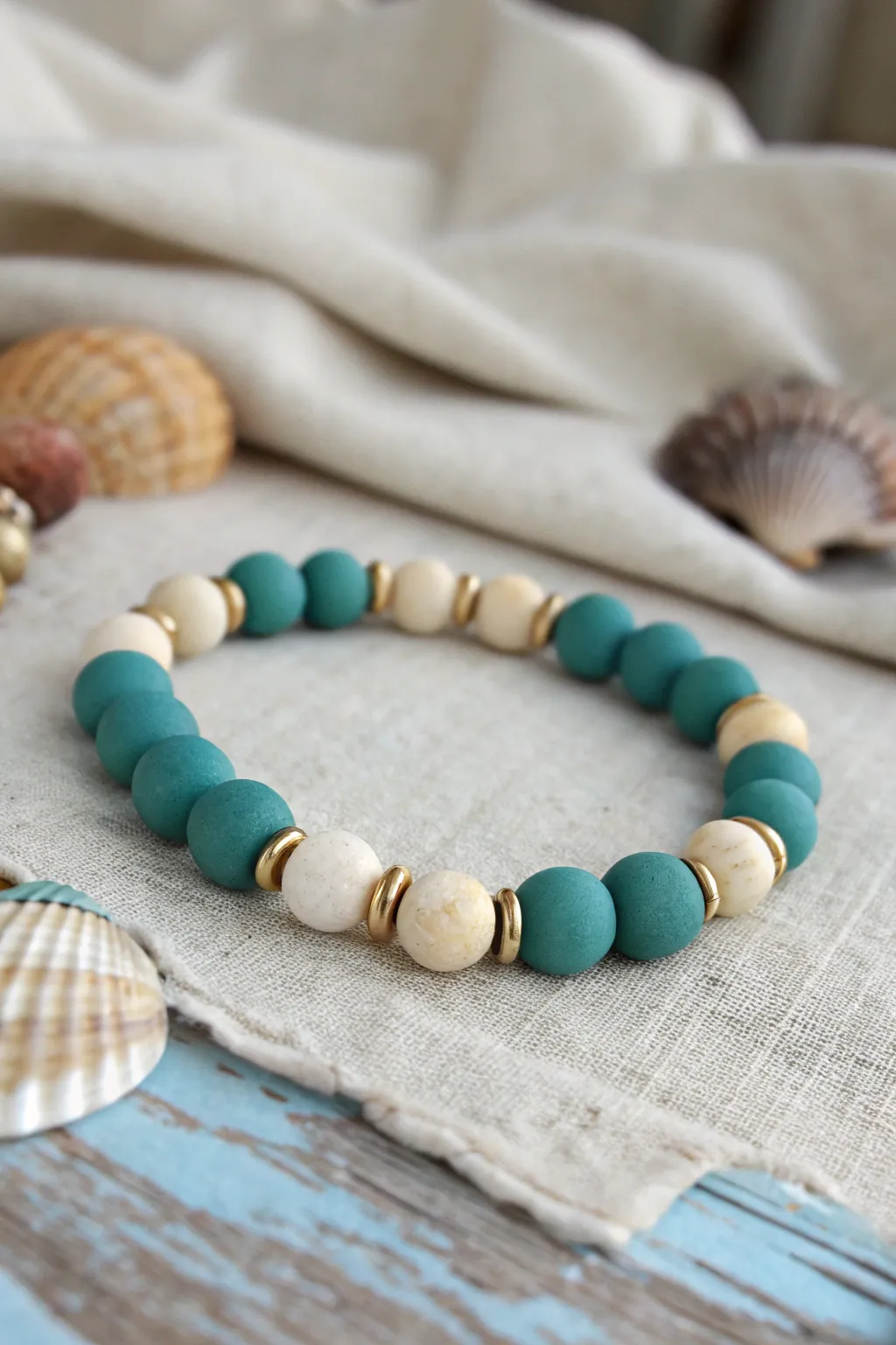 Teal, cream, and sand clay beads for a calm coastal bracelet with bold minimalist contrast