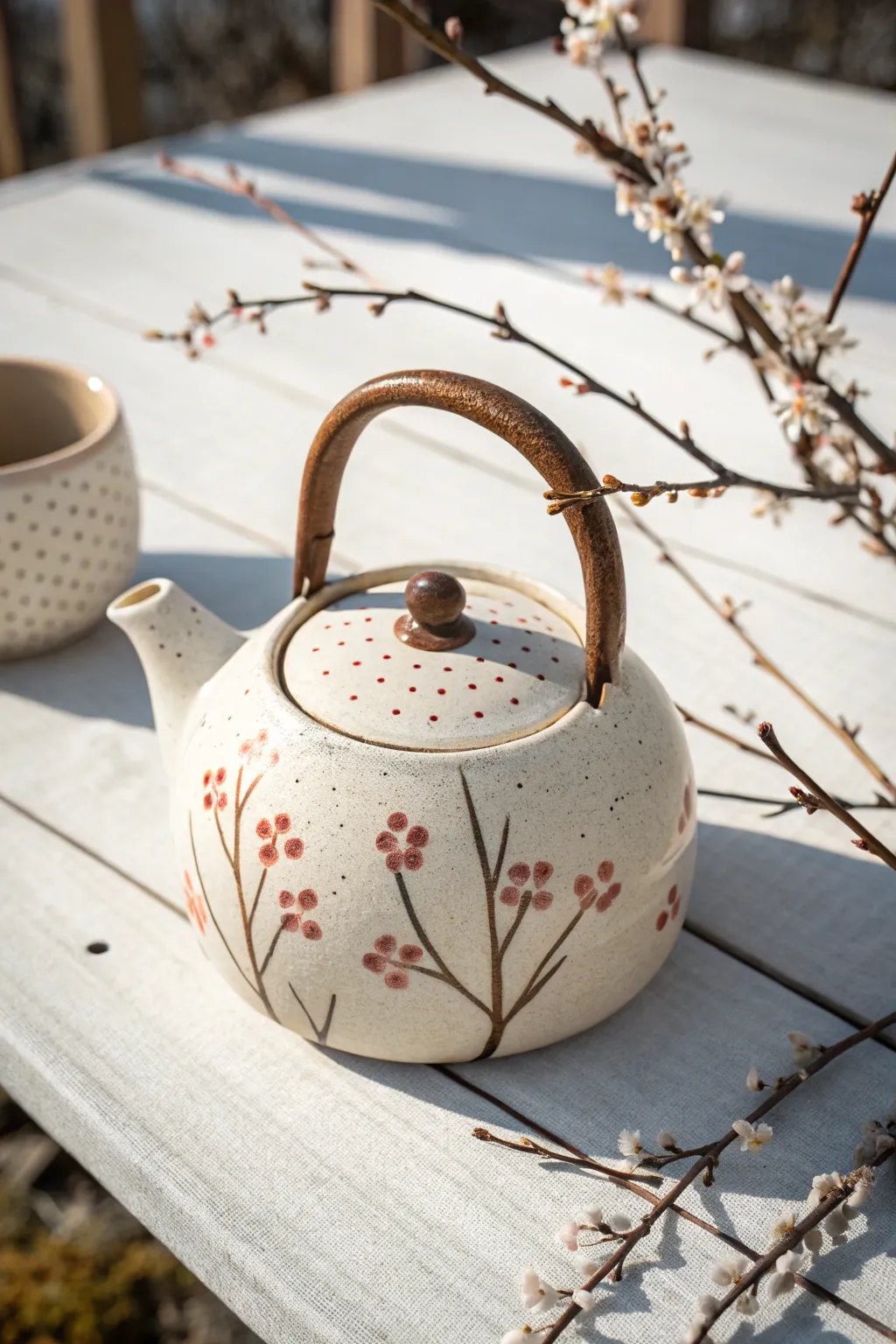 Minimal teapot with cocoa branches and airy pink-white cherry blossom dots