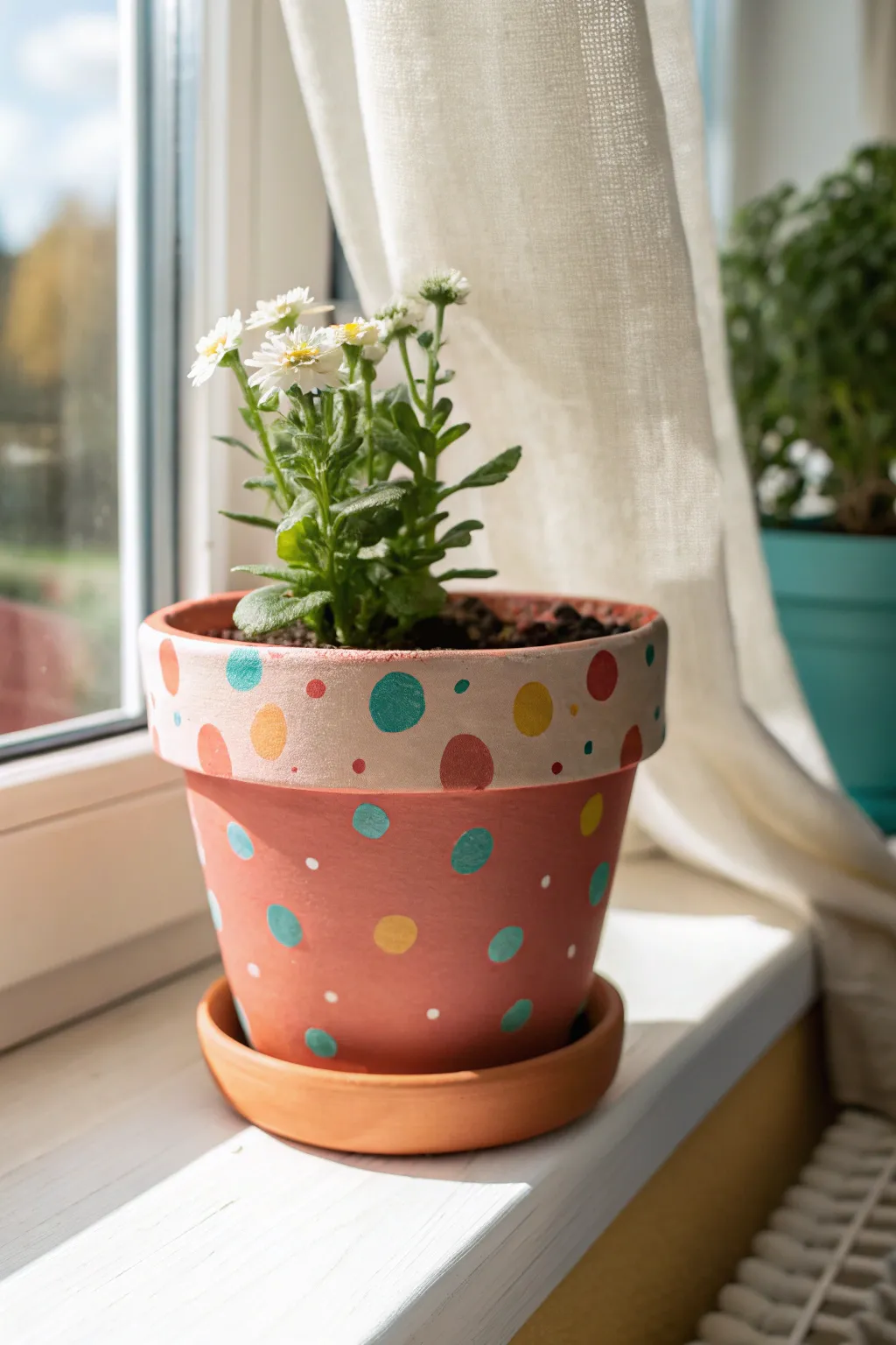 Playful polka-dot terra cotta pot with bold confetti spots, glowing in sunny minimal style.
