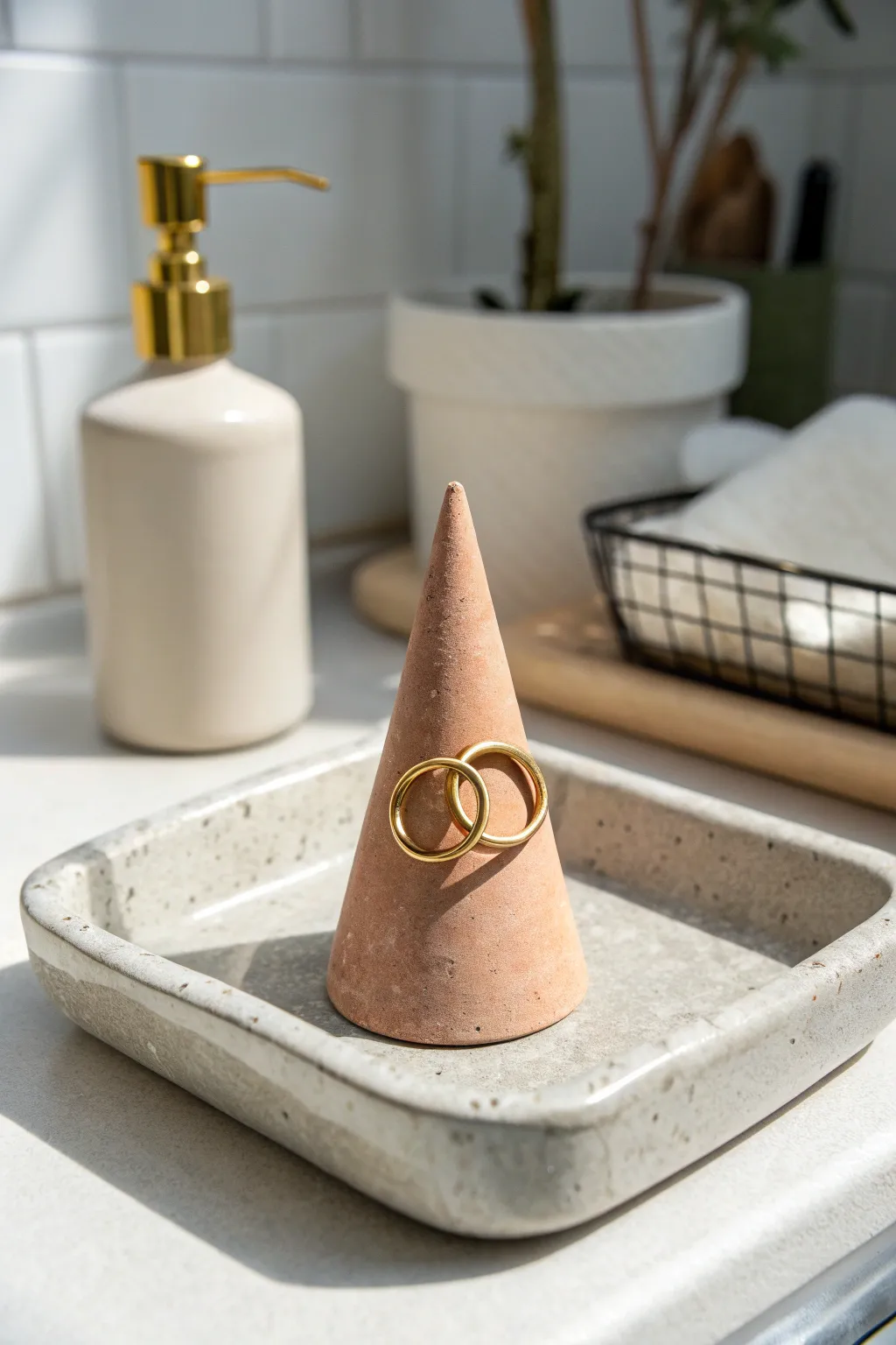 Minimal terracotta ring cone holder with two rings, perfect for a chic sink-side tray.