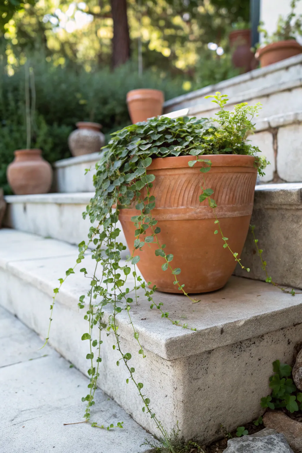 Warm terracotta pot with cascading greens softens crisp stone steps in a minimalist boho garden.