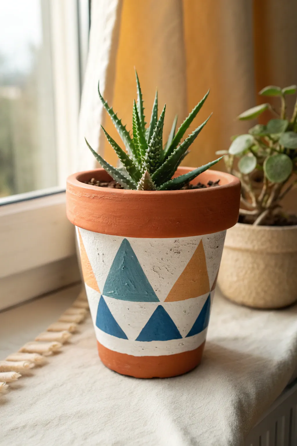 Geometric triangle terracotta pot in three bold hues, styled with a spiky plant for edge.