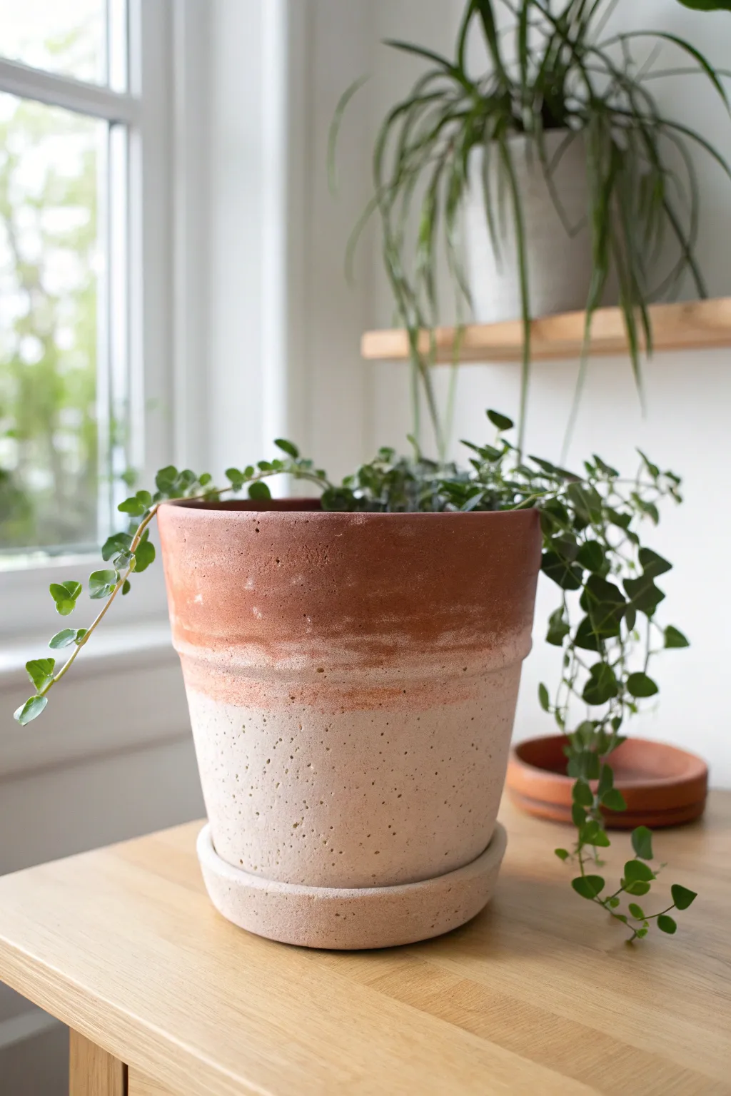 Soft ombre terracotta pot with trailing greenery, Scandinavian minimal style in warm daylight.