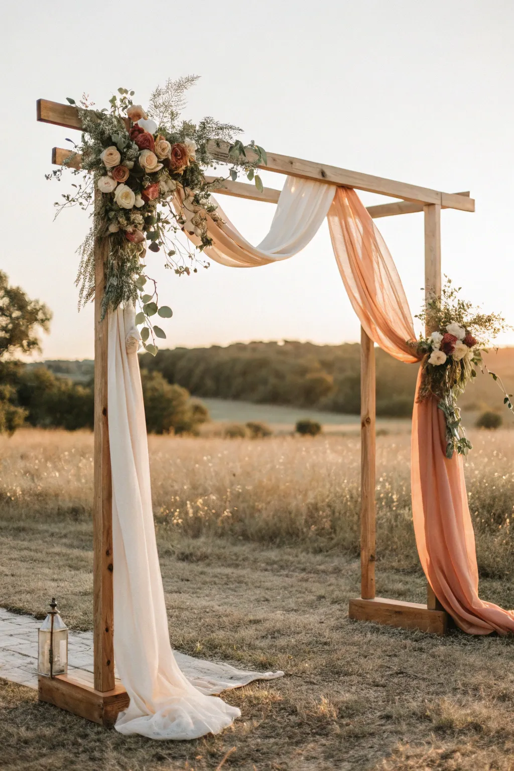 Terracotta and cream draping turns a simple wooden arch into a warm, modern ceremony focal point.
