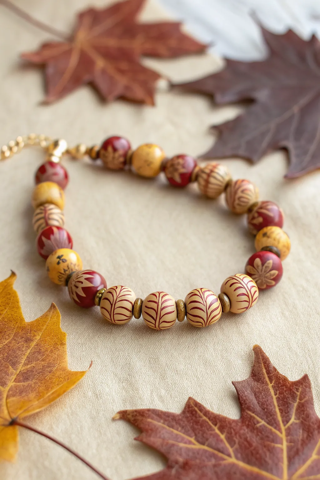 Maple leaf inspired clay bead bracelet in mustard, rust, burgundy, and deep brown tones