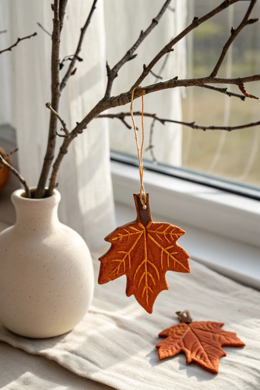 Minimalist clay leaf ornament with stamped texture and twine hanger for cozy Thanksgiving decor