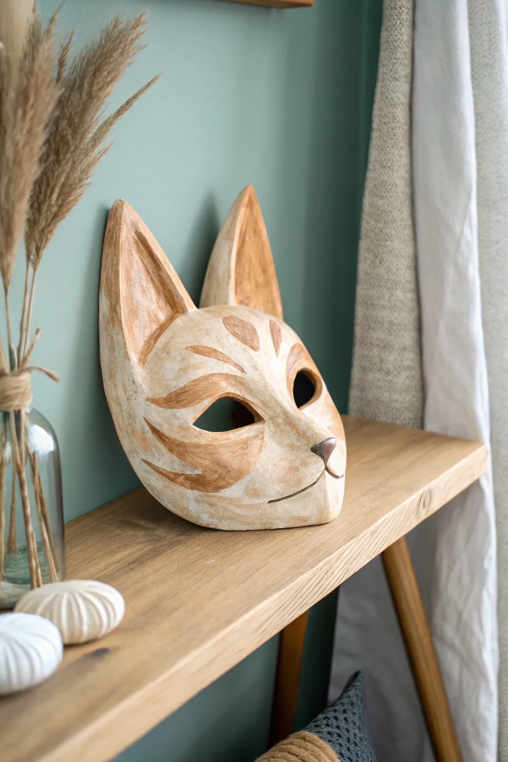 Finished theriotype mask with sculpted clay ears, natural tones, bold contrast, shelf display.