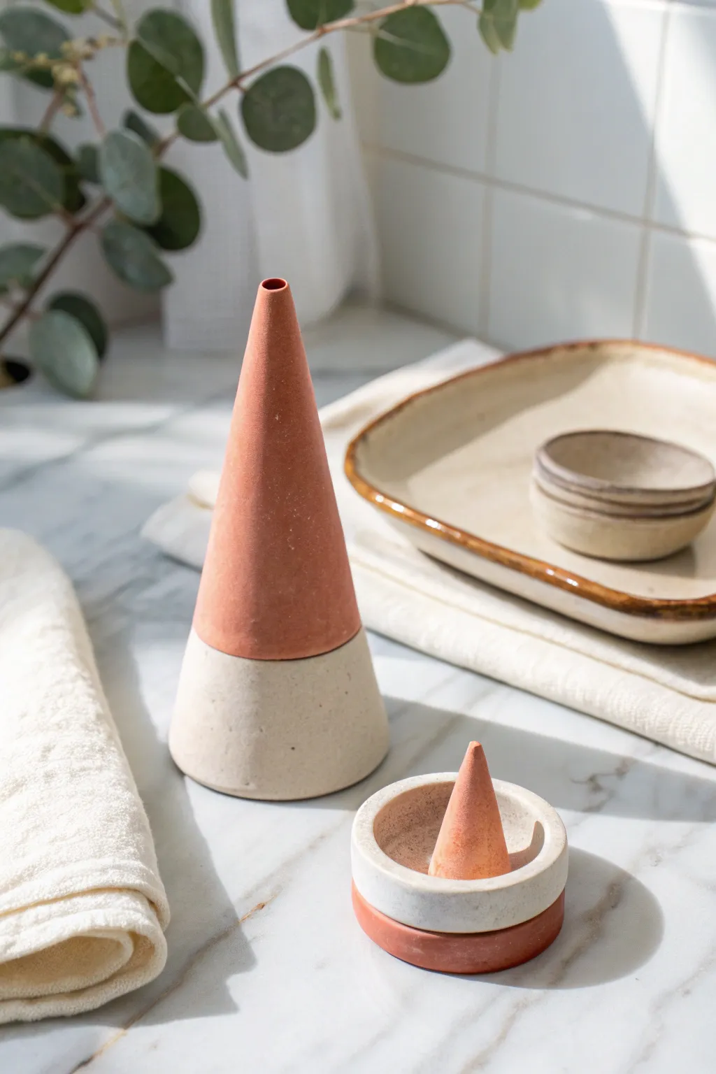DIY clay ring cone and mini dish set in bold coral glaze for a calm, spa-like vanity.