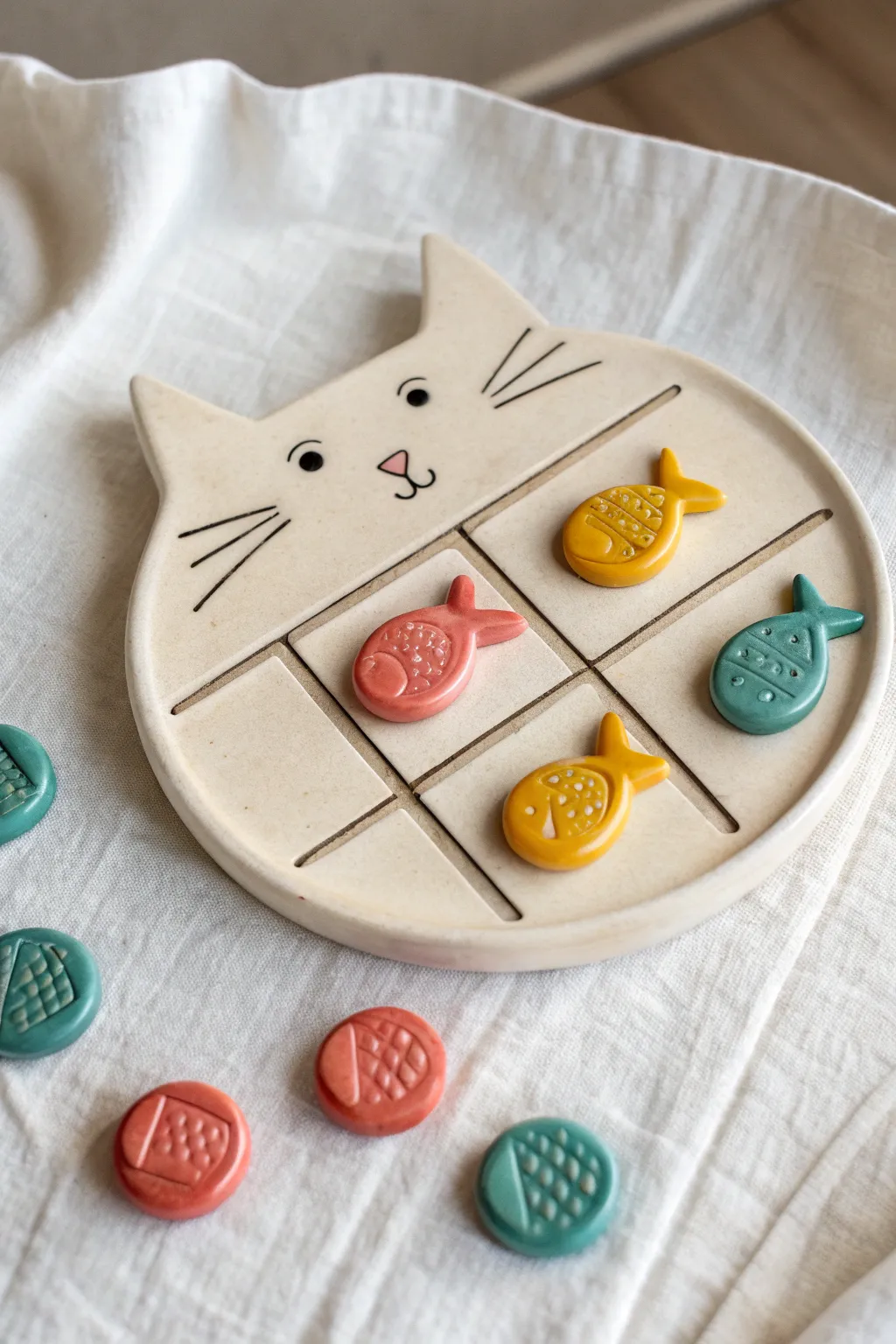 Cat-face tic tac toe board with colorful cat and fish tokens, minimal boho pottery charm.
