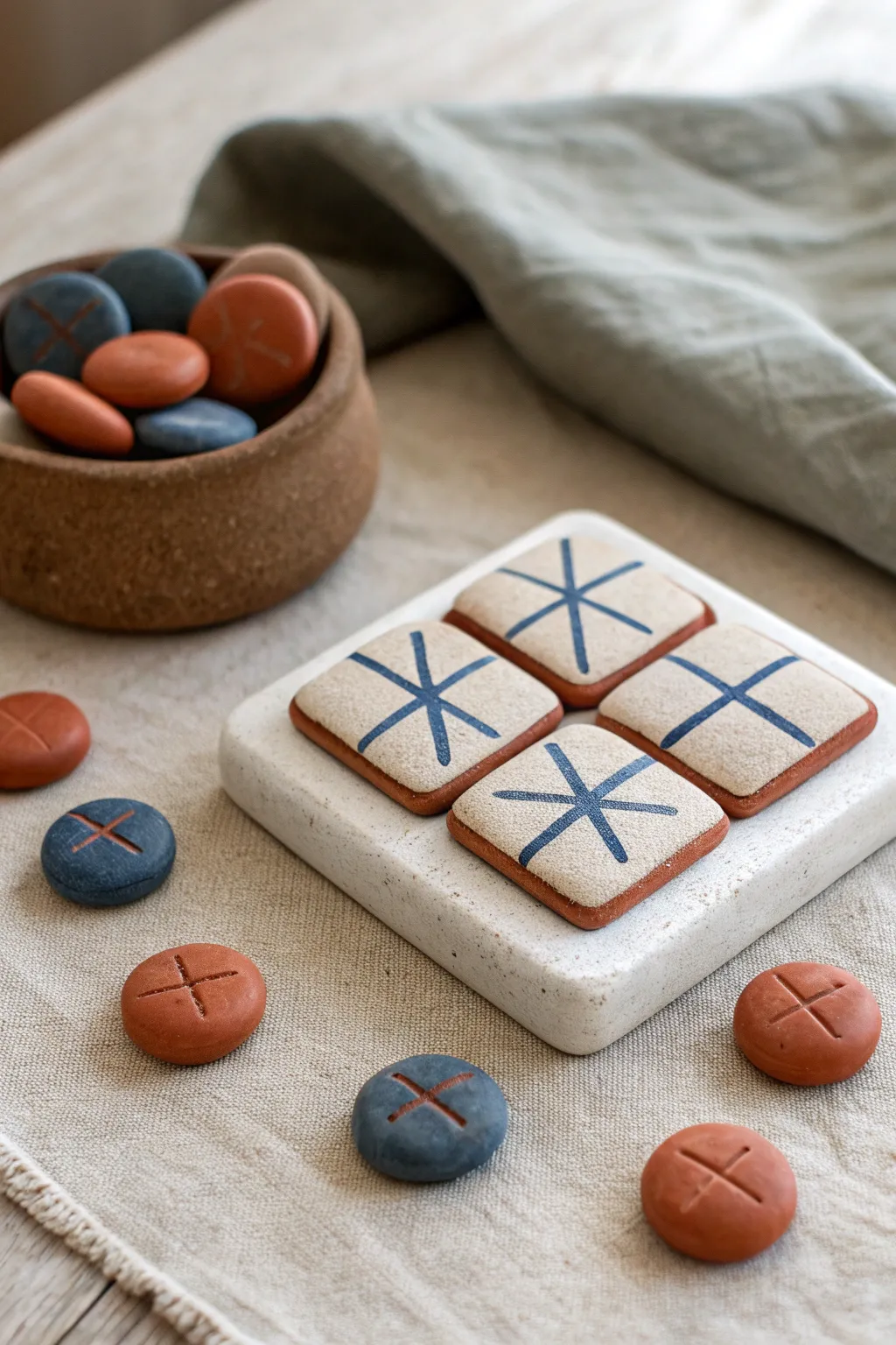 Pocket pebble clay tic tac toe set with bold color pop, minimalist boho styling, travel-ready.