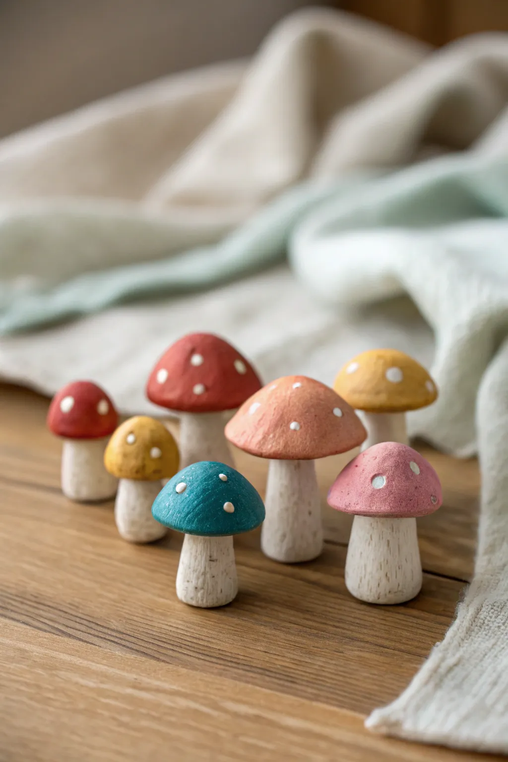 Tiny air-dry clay mushroom figurines in bold, cozy colors for a minimalist mini forest scene