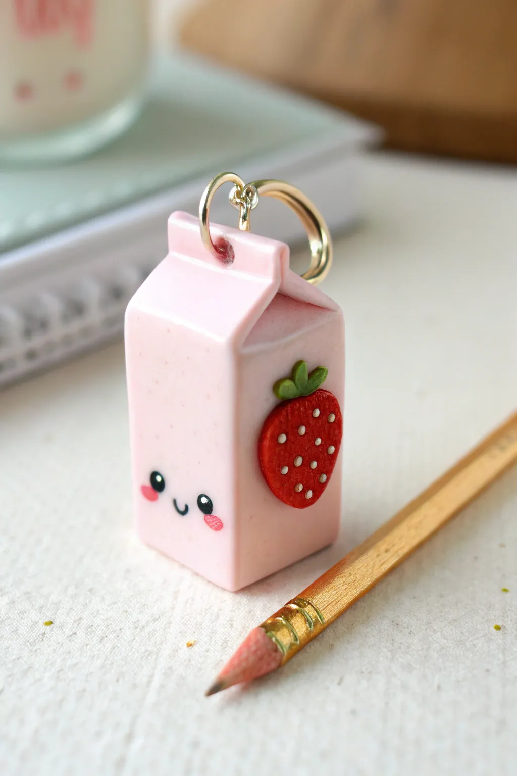Blush mini strawberry milk carton pendant with a sweet face, beside a pencil eraser for scale.