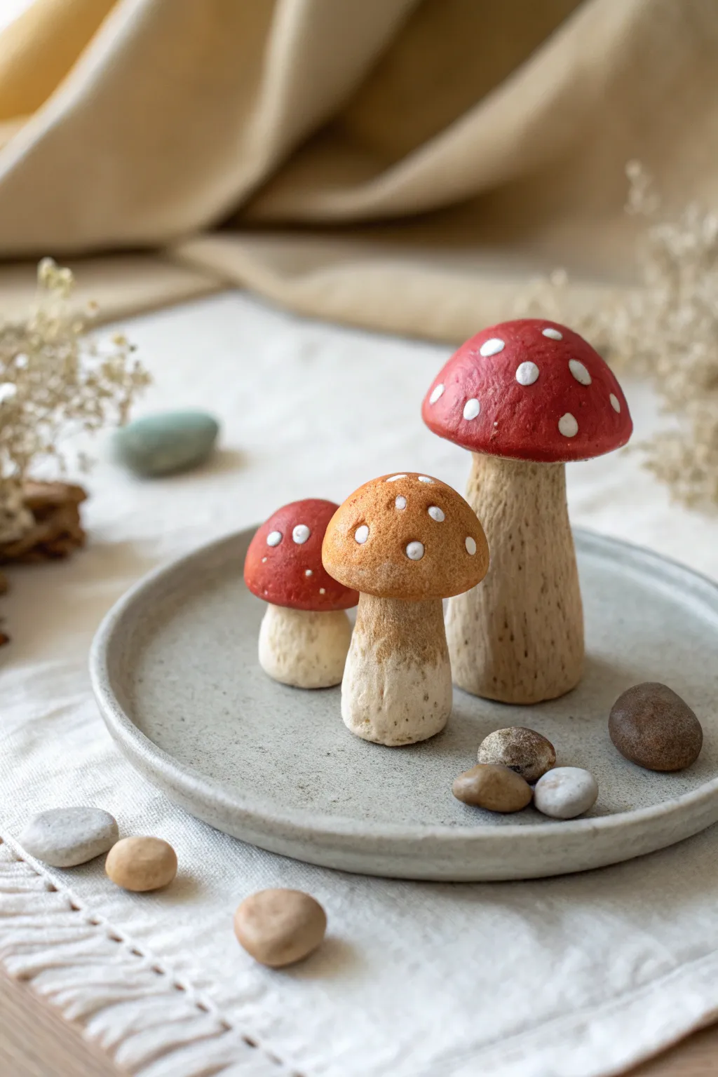 Tiny clay mushrooms in a sweet trio, earthy tones with bold rust accents and pebble props.
