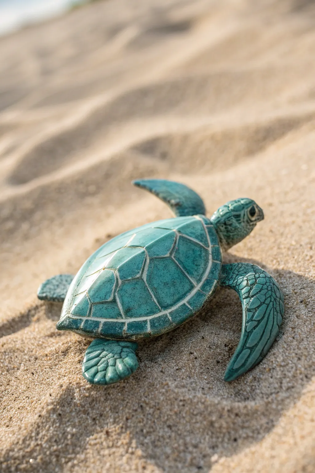 Ocean-green clay sea turtle with wide flippers and a sleek shell, simple beachy charm.