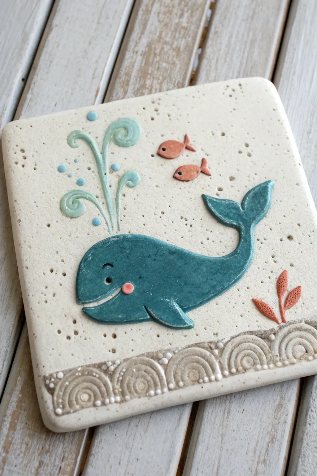Minimal sea-inspired wall tile: a friendly whale or shark with bubbles and tiny fish accents