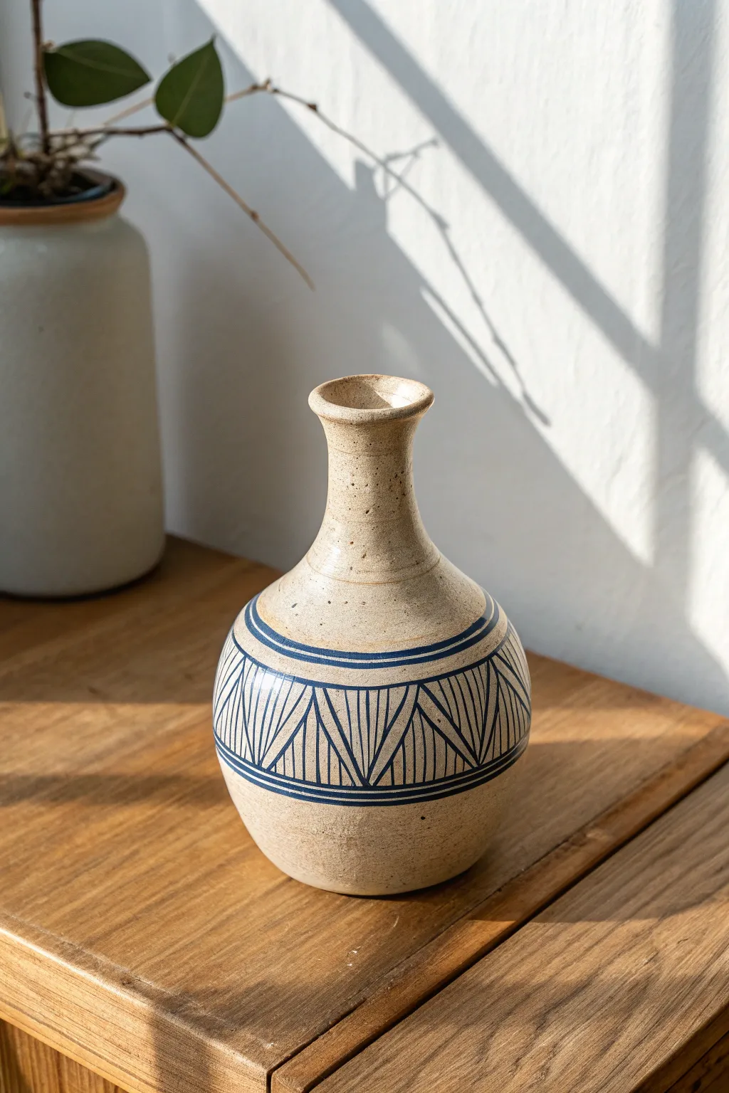 Crisp Mishima inlay bands in indigo underglaze, sealed under clear gloss for a modern vase.