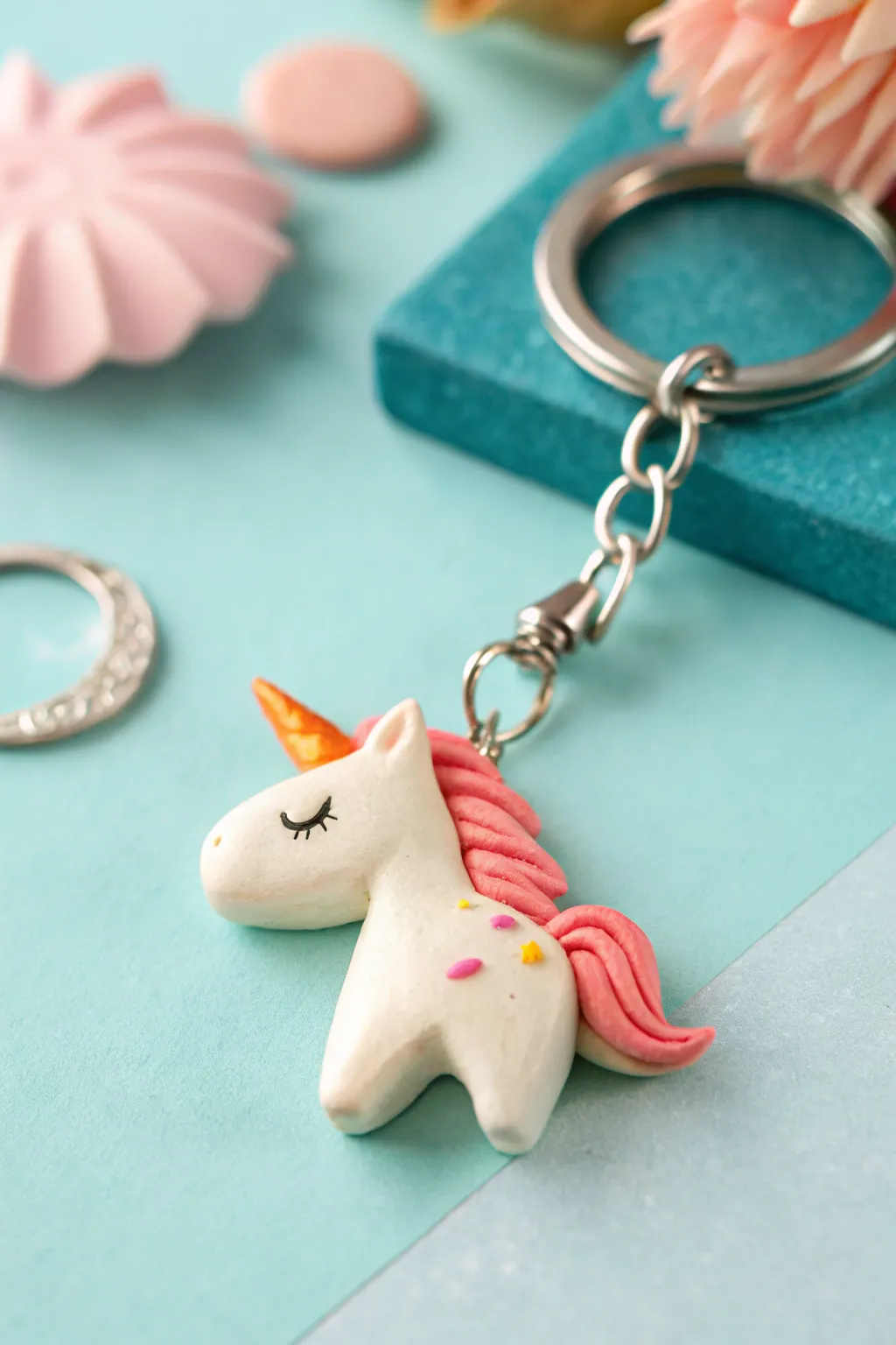 Cute mini unicorn clay keychain charm with bold mane colors on a clean minimalist background