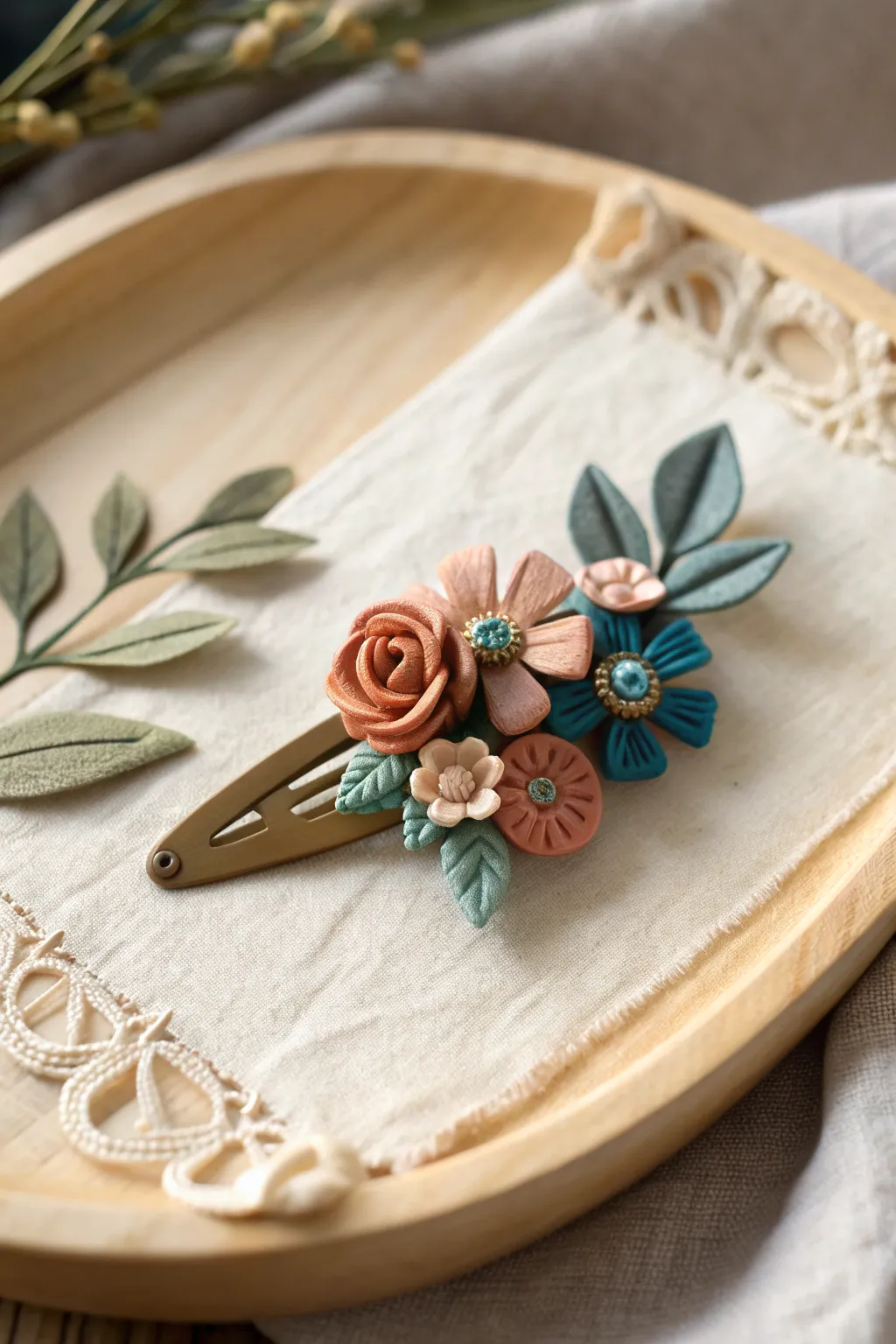 Tiny polymer clay floral hair clip in bold modern hues on linen, Scandinavian minimal with boho warmth