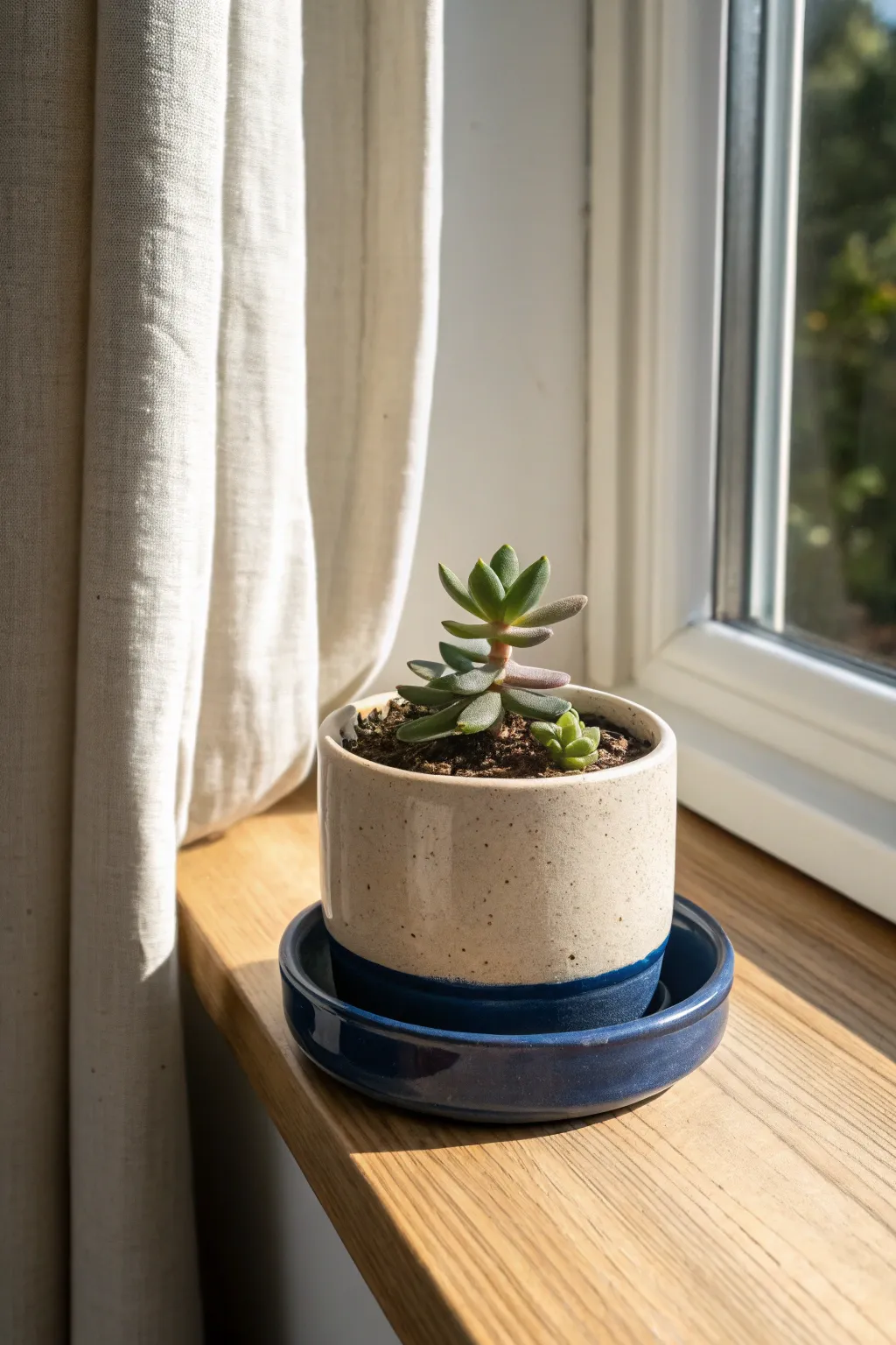 Minimalist planter with attached drip tray, bold glaze, sunny windowsill charm for modern homes.