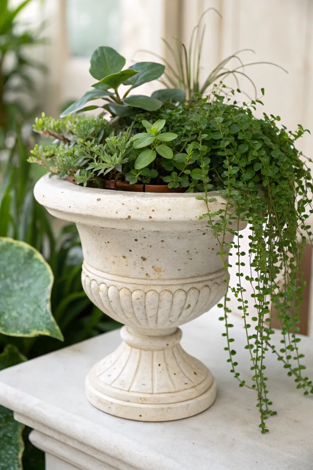 All-green urn planter: upright, mounded, and trailing foliage for pure texture drama.
