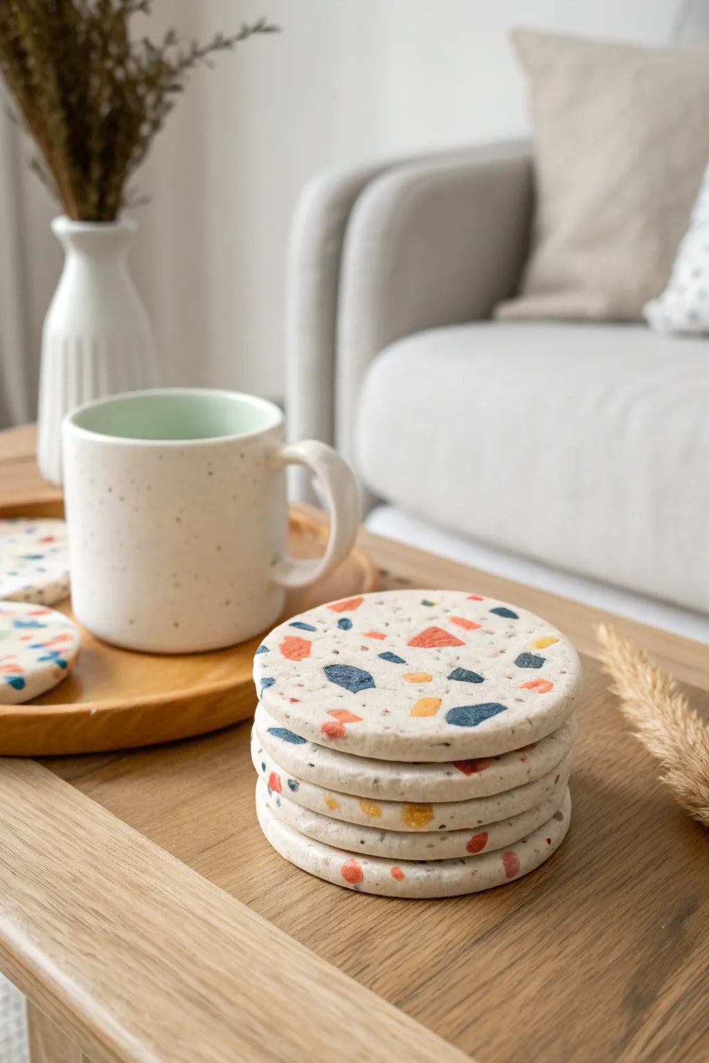 Terrazzo air dry clay coasters add bold color while keeping your coffee table scratch free.