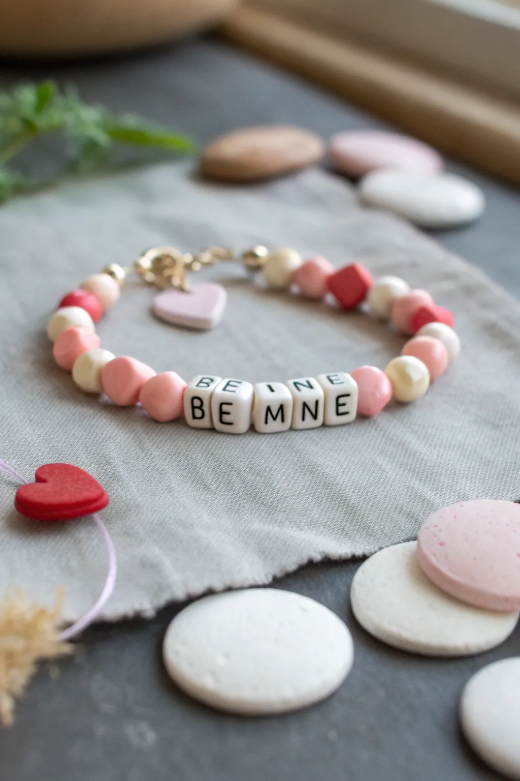 Sweet pastel clay bracelet with BE MINE beads, minimalist styling, perfect handmade Valentine gift.