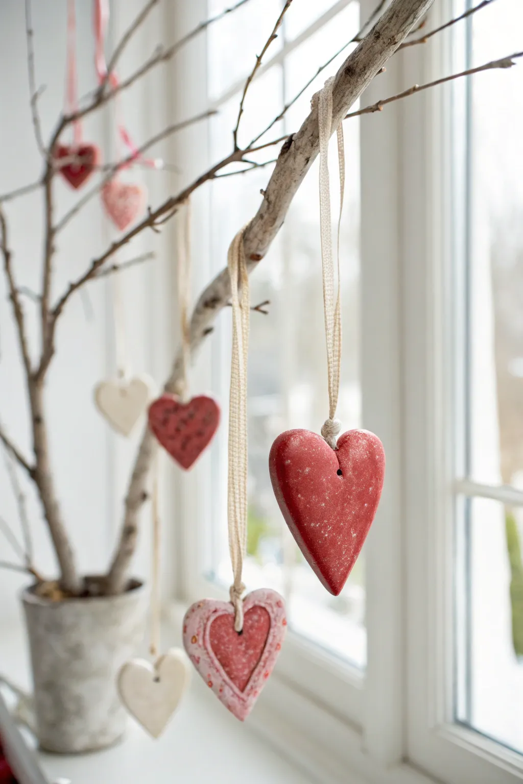 Simple clay heart ornaments with ribbon hangers in bold Valentine colors, minimalist style