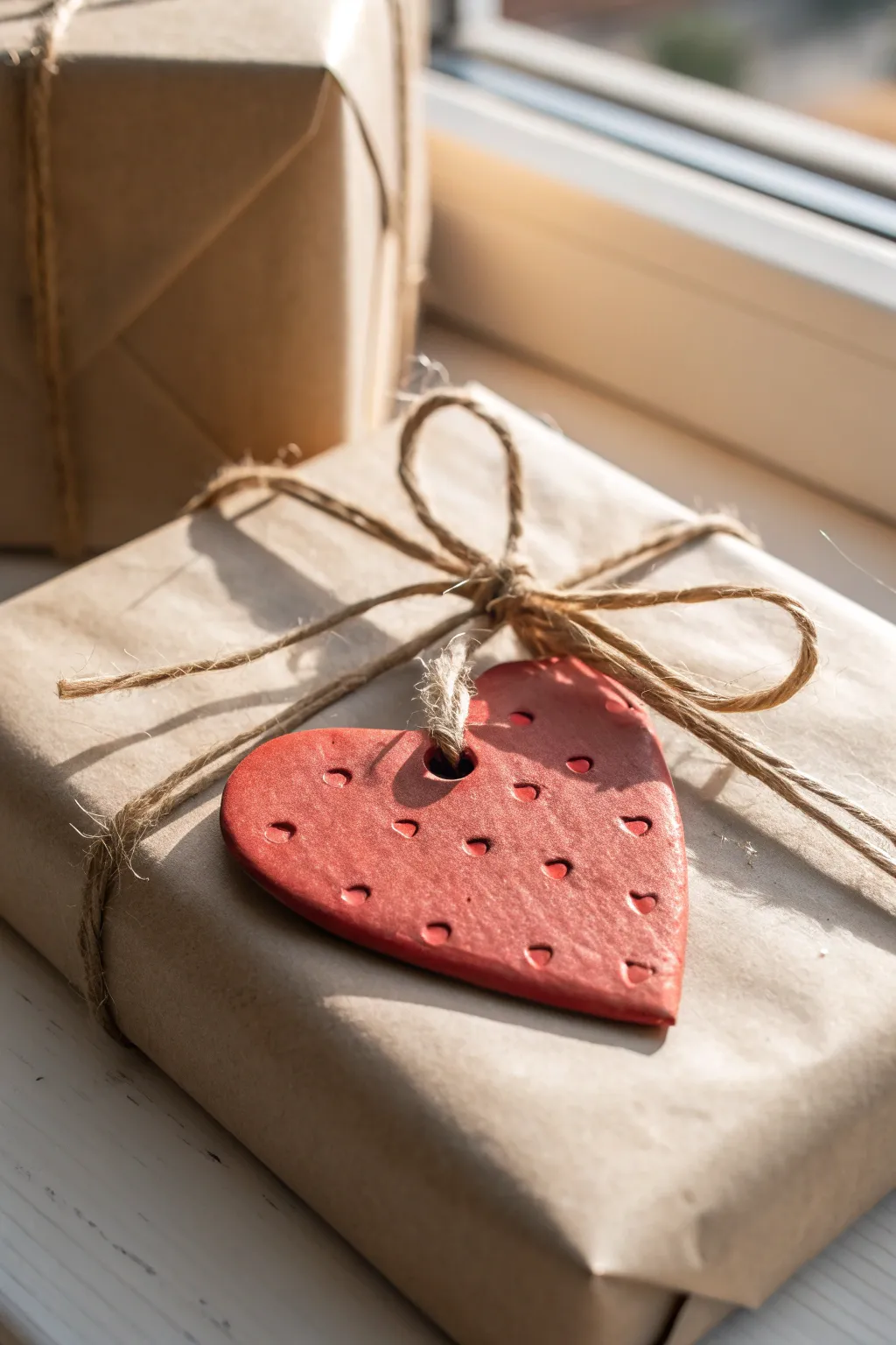 Minimal Valentine charm: a bold coral air dry clay heart tag tied to a simple kraft gift
