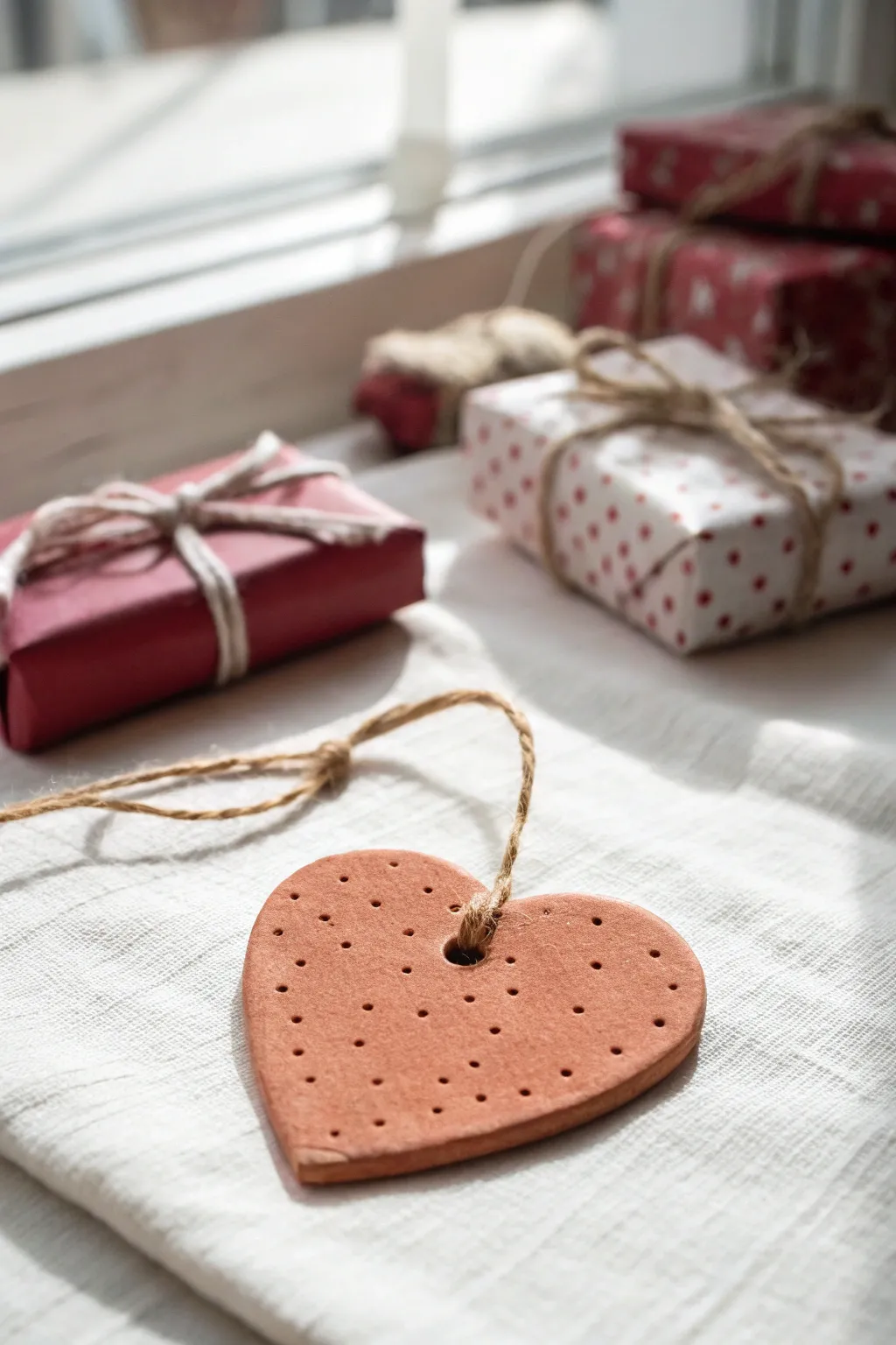 Sweet handmade heart-shaped clay gift tag with ribbon, minimal boho touch for Valentine wrapping