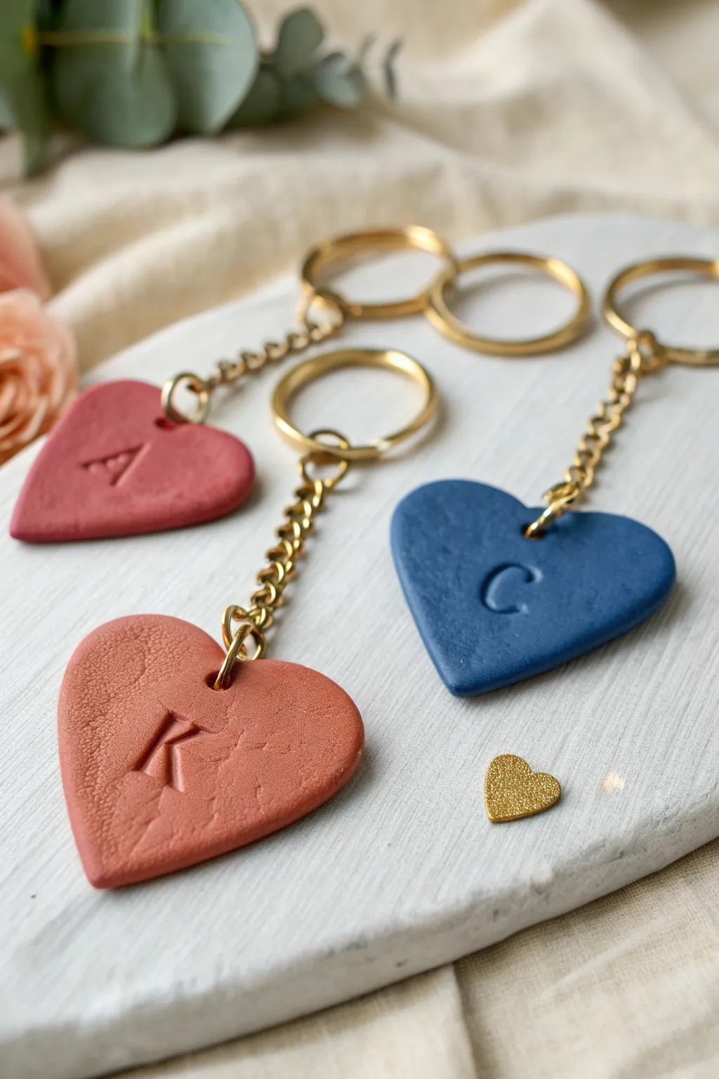 Minimal heart polymer clay keychains with stamped initials in bold Valentine hues, gift-ready.