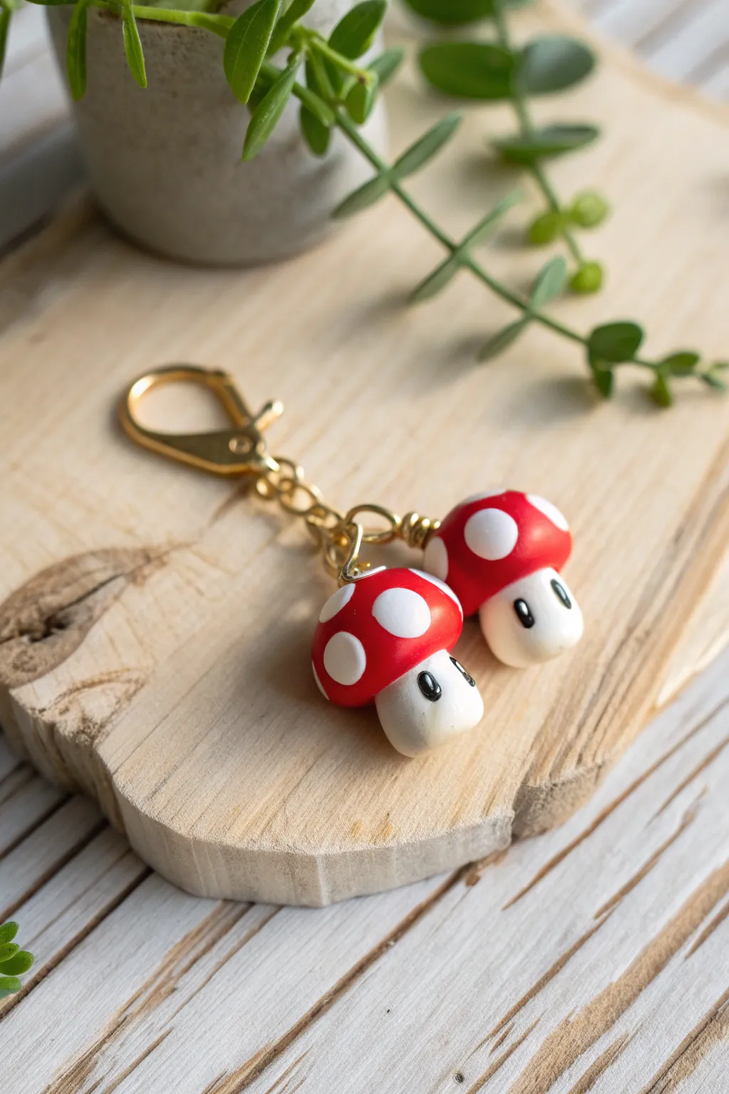 Bright power-up mushroom keychain charm in minimalist Nordic styling, perfect for gamer clay ideas.