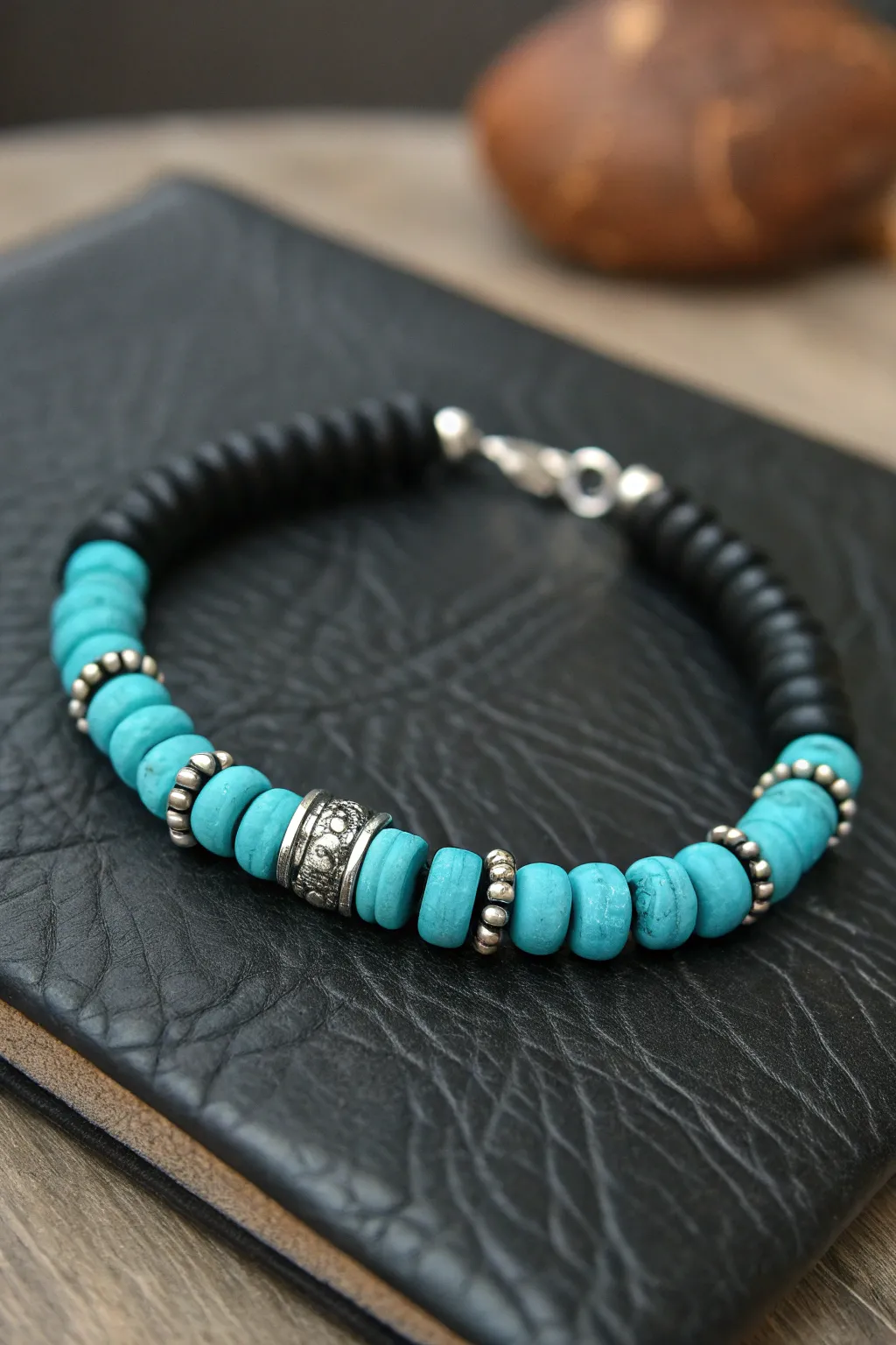 Bold black and turquoise heishis with silver spacers for a crisp Western rhythm and contrast