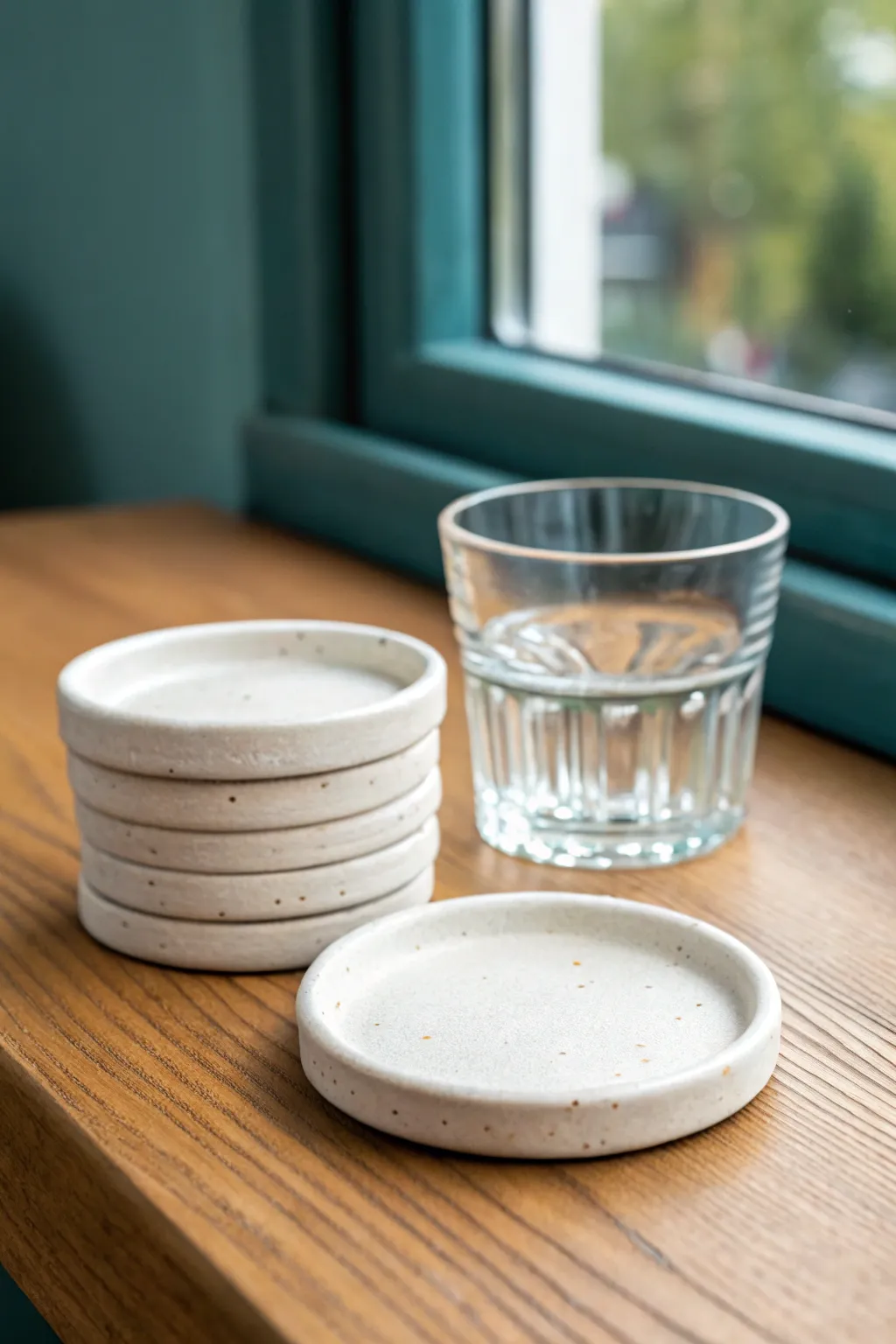 Minimal white clay coasters with linen texture, stacked beside a glass for calm boho vibes.