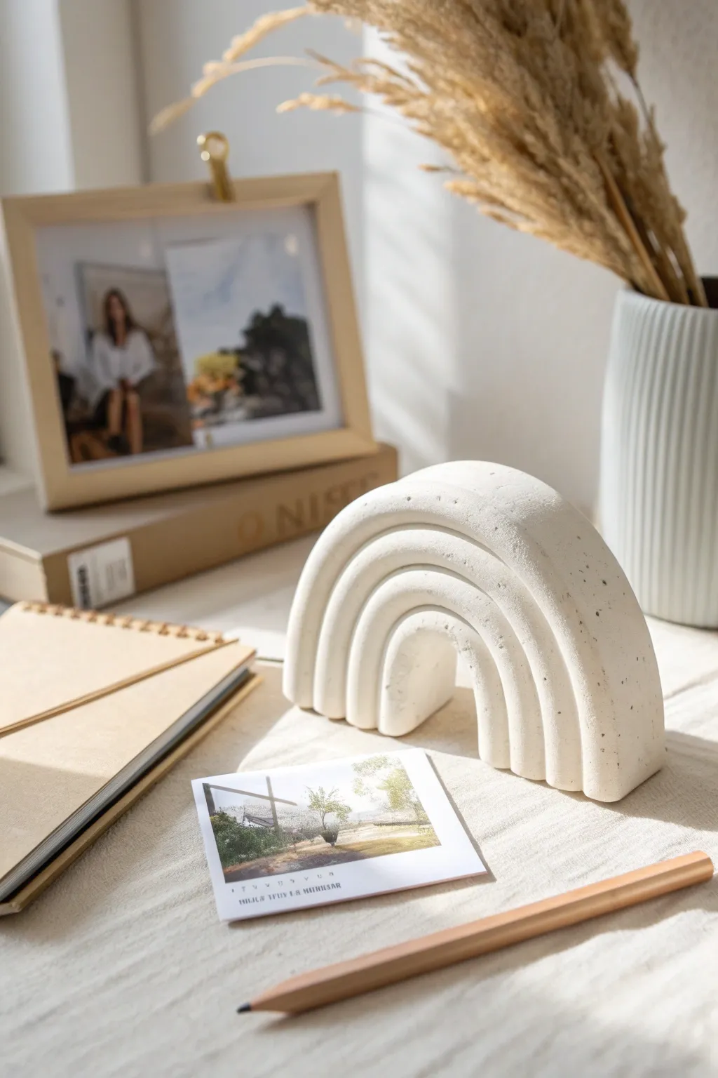 Modern white clay arch photo holder in a clean, cozy minimalist desk setup with warm contrast