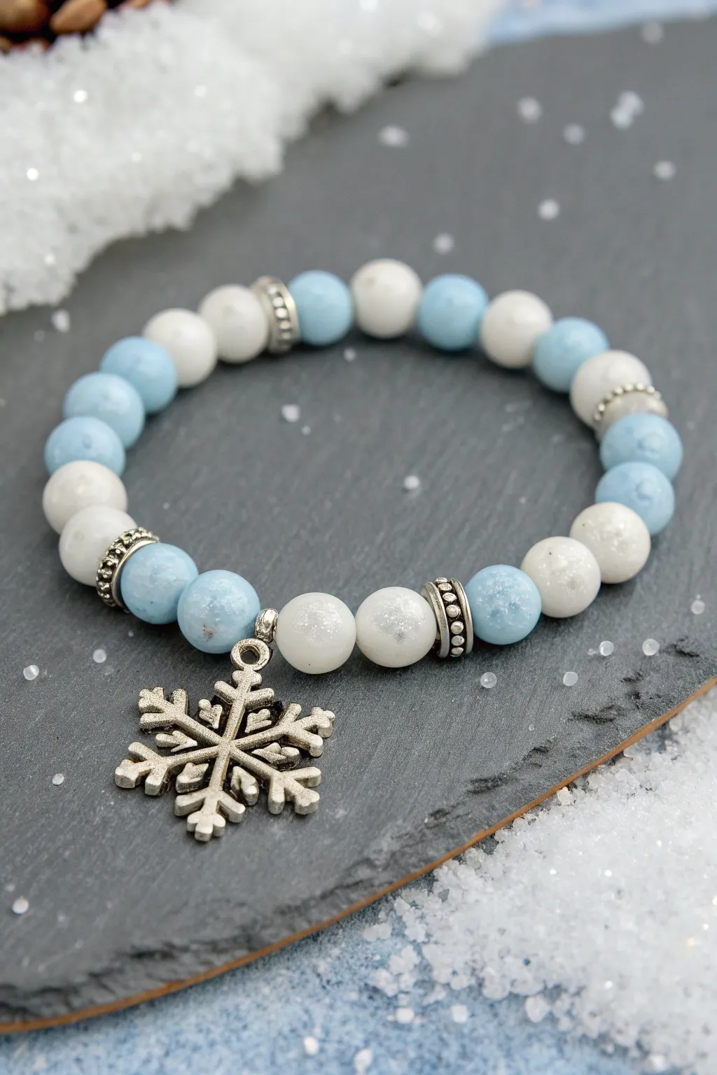 Icy blue and white clay bead bracelet with a centered snowflake charm for winter sparkle