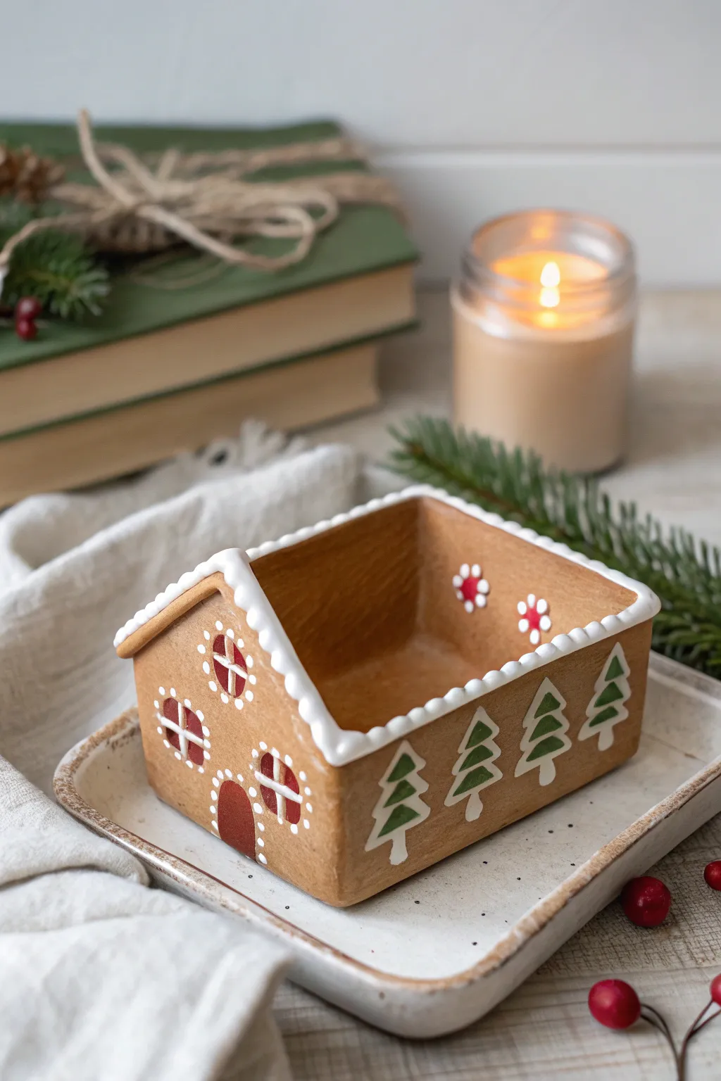 Cozy gingerbread house trinket dish with icing details, perfect for winter clay decor.