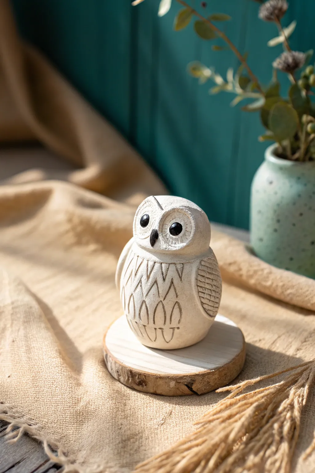 Mini white owl companion, a simple clay shelf buddy with cozy wizard-school charm.