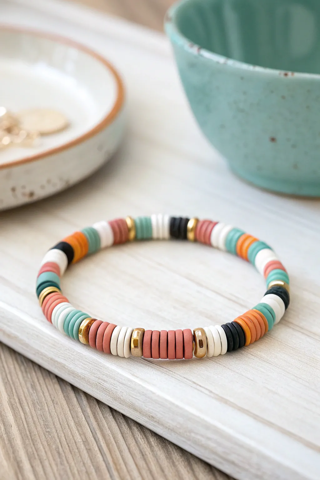 Skinny stripe heishi bead bracelet in bold earthy tones on a clean Scandinavian backdrop