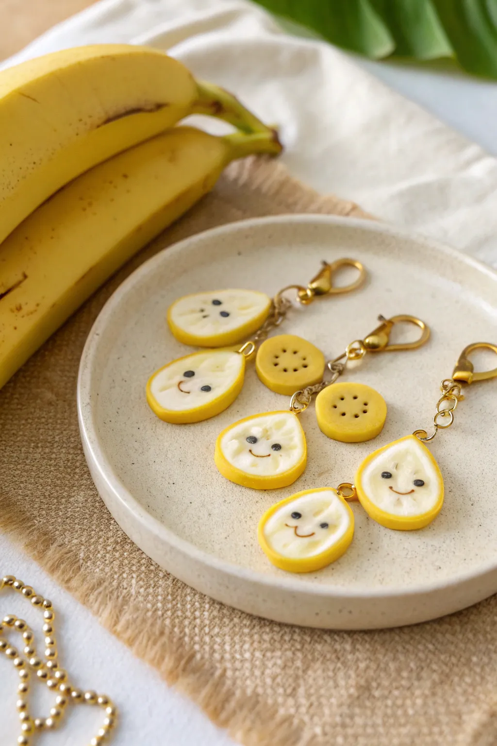 Sunny banana slice charms in bold yellow, minimalist faces, and cozy Scandinavian-boho styling.