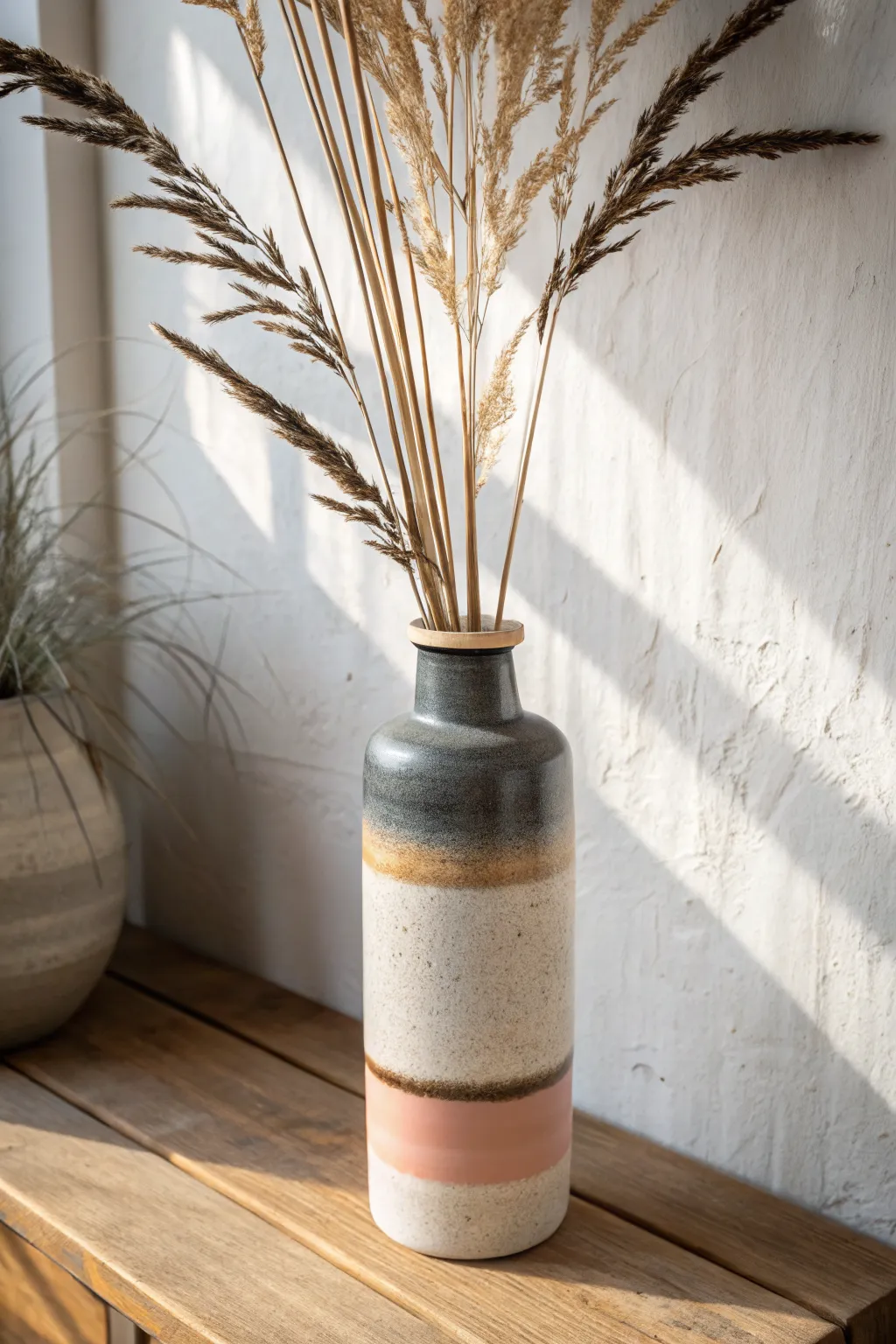 Dreamy ombre glaze bands on a minimalist vase, perfect for modern boho ceramic inspiration.
