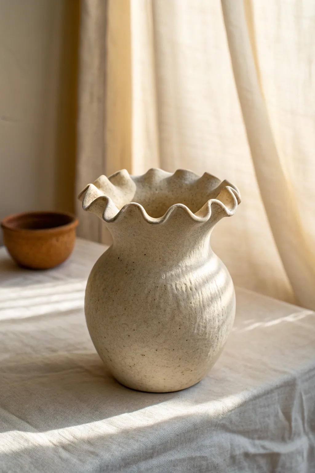 Wave-form sculptural vessel in matte clay, a minimalist boho accent with graceful movement.