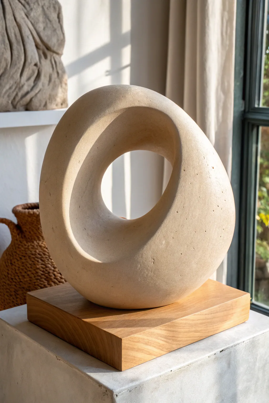 Single-line clay loop sculpture with airy negative space, minimalist style and soft boho warmth