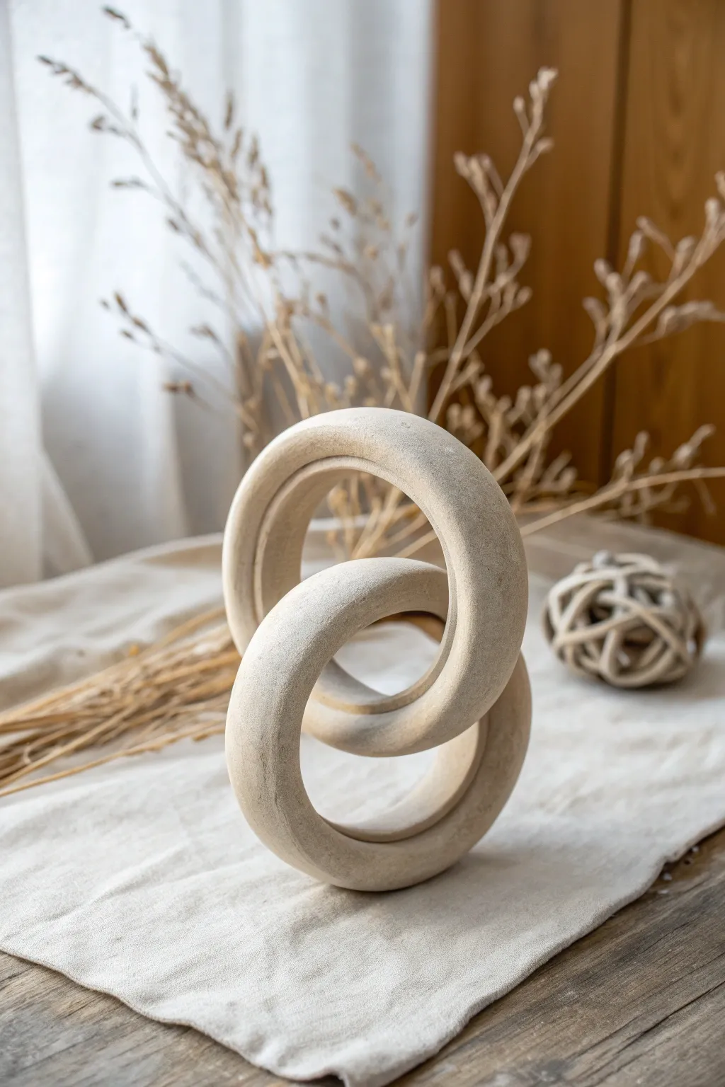 Minimal interlocking clay rings in a soft neutral glaze, highlighting calm form and negative space.