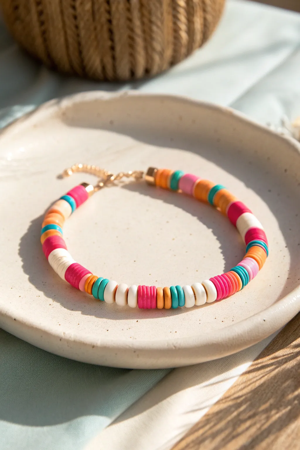 Preppy color-block clay heishi bracelet in hot pink, orange, white, and aqua, crisp sunlit style