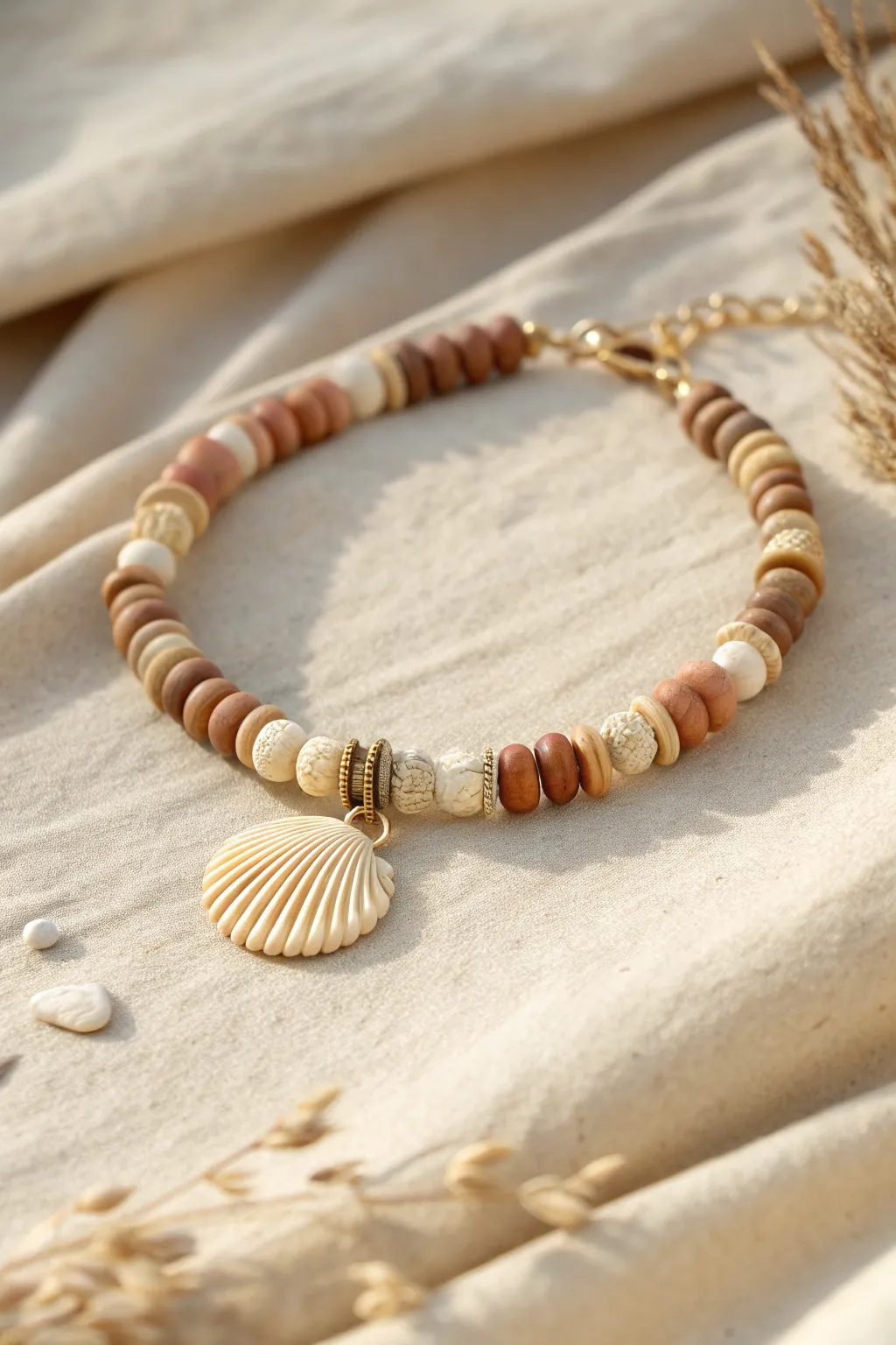 Neutral sand-tone clay disc bead bracelet with a centered shell charm, minimal and boho-chic