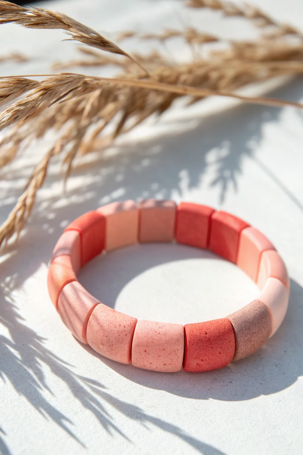 Ombré clay bracelet in deep coral to blush, minimalist and boho with crisp contrast.