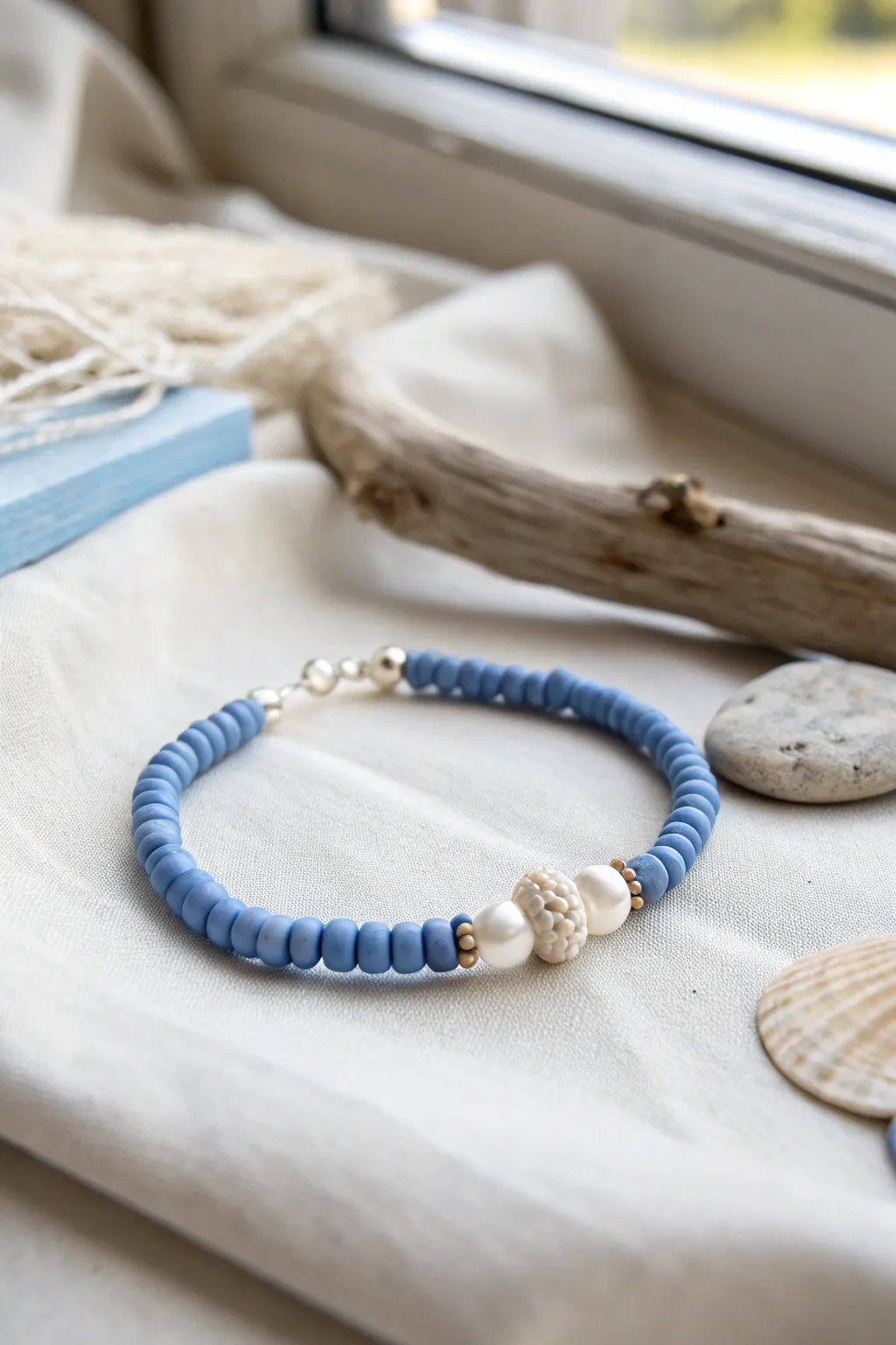 Coastal blue clay heishi bracelet with pearl accents, styled on linen with driftwood