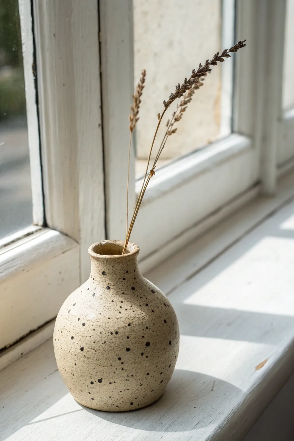 Speckled mini vase in warm neutrals, a single dried stem, sunlit windowsill minimal calm.